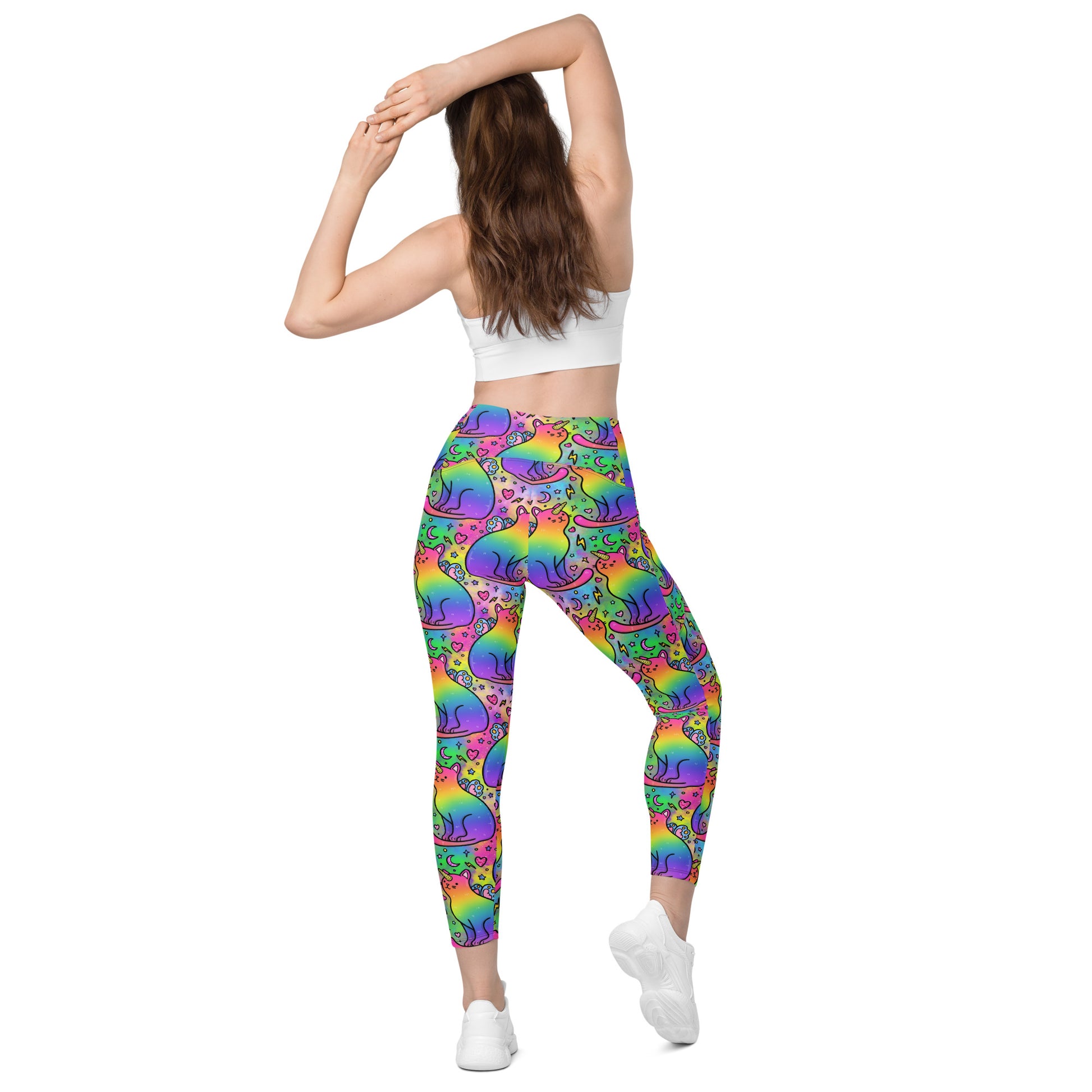 Unicorn Cats leggings with pockets, all-over print, made from recycled materials, designed by Debz, shown from the back.