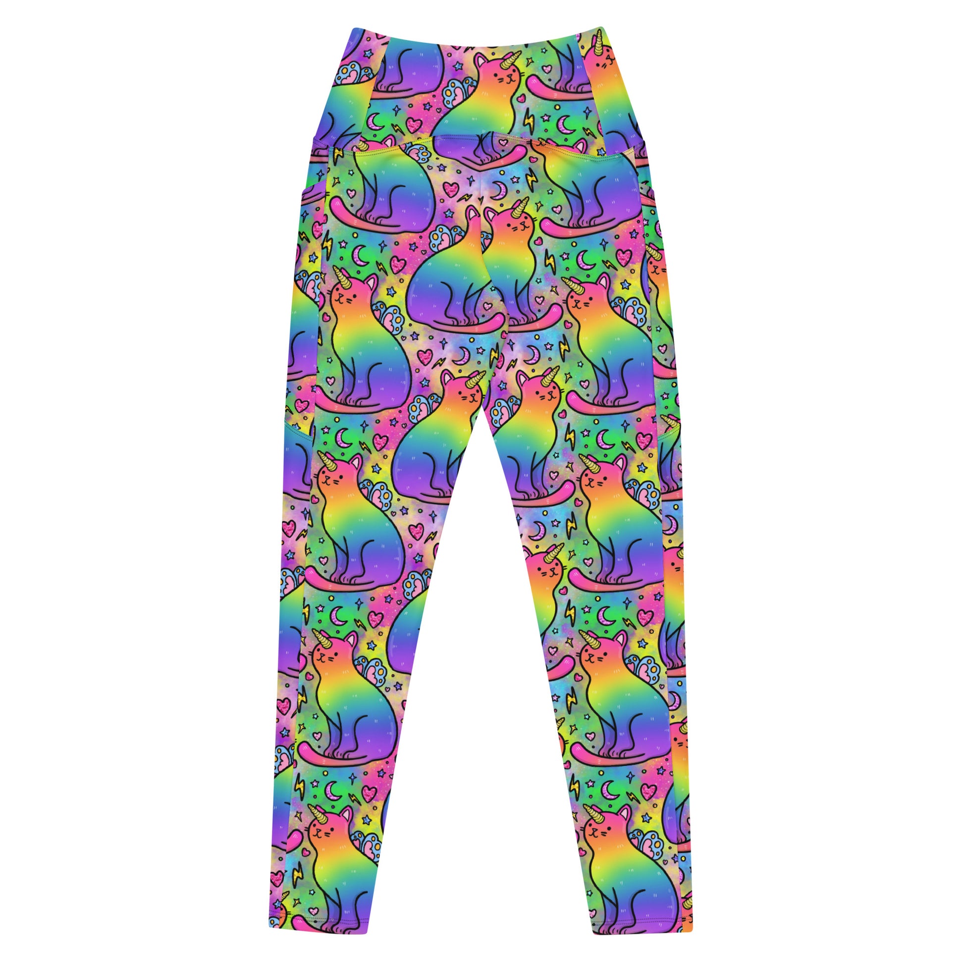 Designed By Debz unicorn cats leggings with pockets, all-over print, made from recycled materials, shown from the white back view.