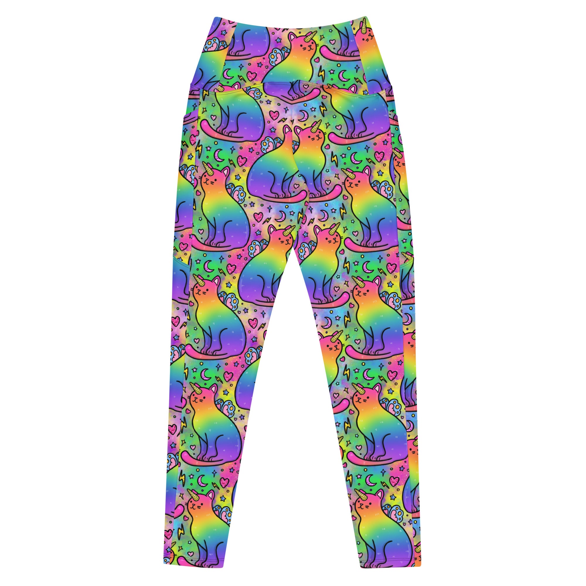 Designed By Debz unicorn cats leggings with pockets, all-over print, made from recycled materials, shown from the white back view.