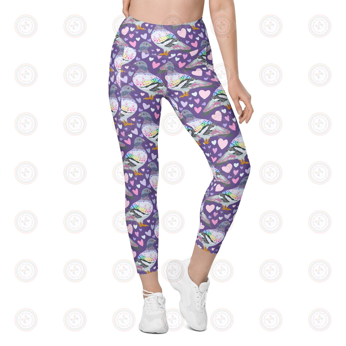 Printful recycled leggings with all-over pigeon print, featuring front pockets, made from eco-friendly materials.