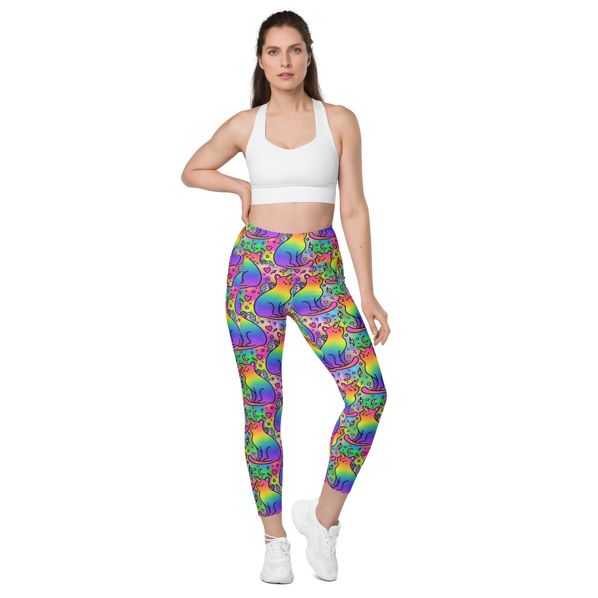 Unicorn Cats leggings by Designed By Debz with all-over unicorn and cat print, featuring pockets and made from recycled materials.