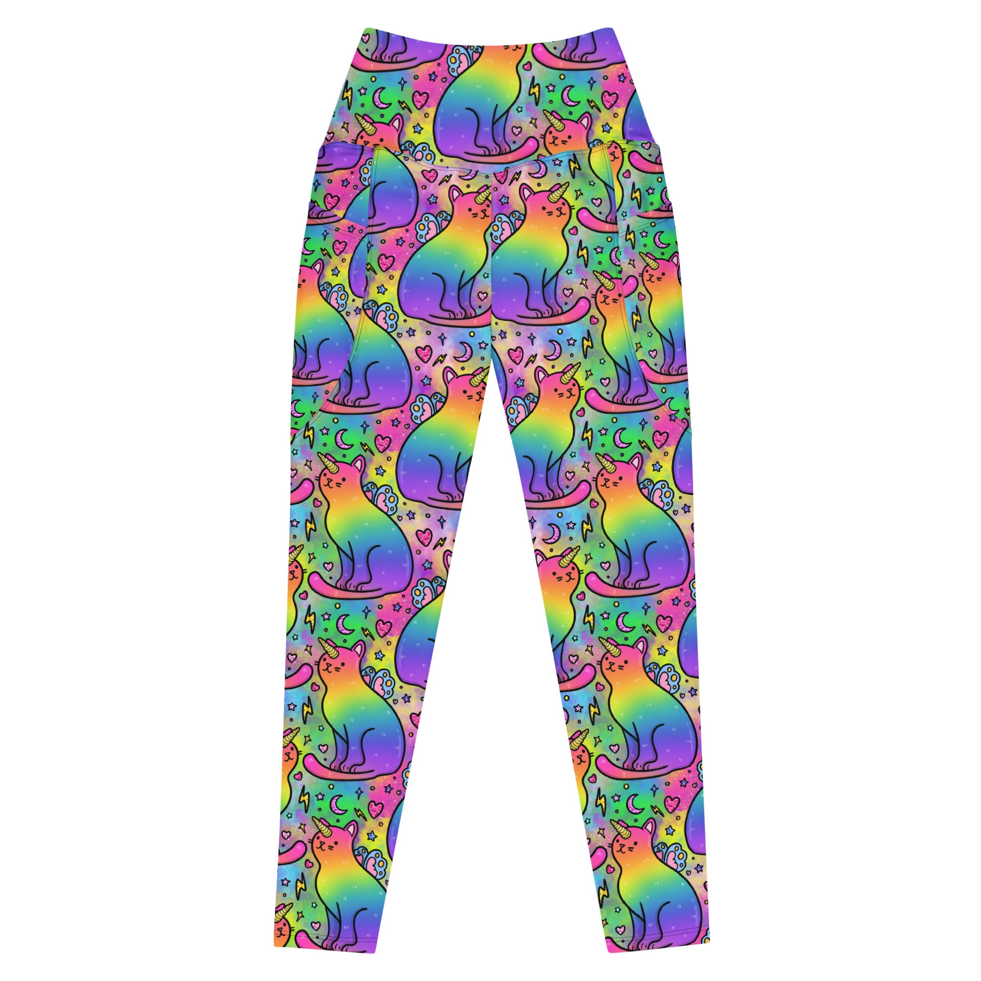 Recycled unicorn cats leggings with pockets by Designed By Debz, featuring colorful all-over print on white fabric.