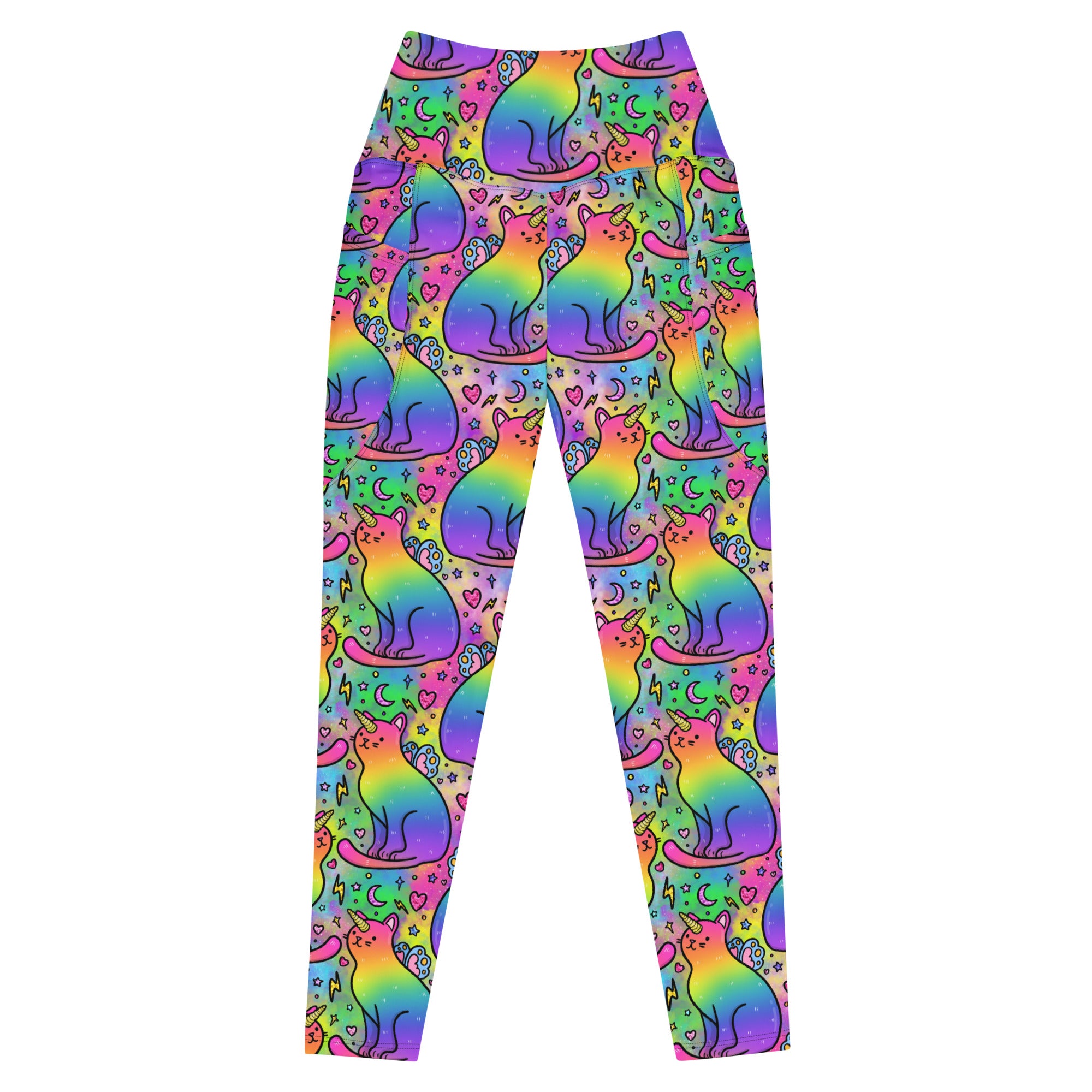 Recycled unicorn cats leggings with pockets by Designed By Debz, featuring colorful all-over print on white fabric.