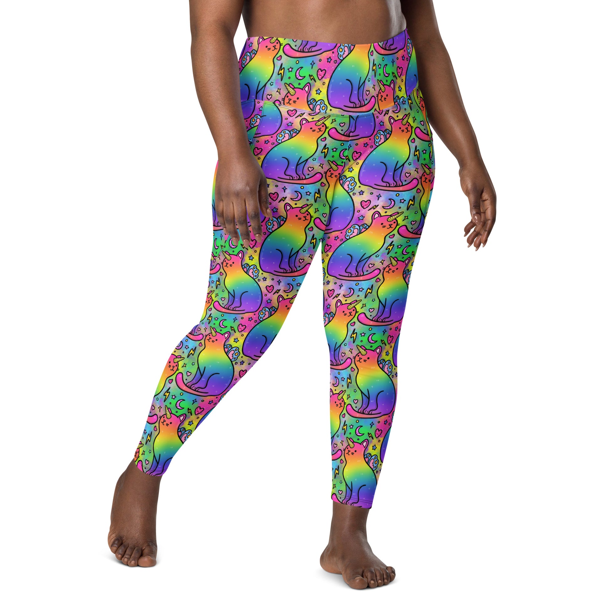 White Unicorn Cats leggings with pockets by Designed By Debz, featuring all-over recycled print on a comfortable, made-to-order design.