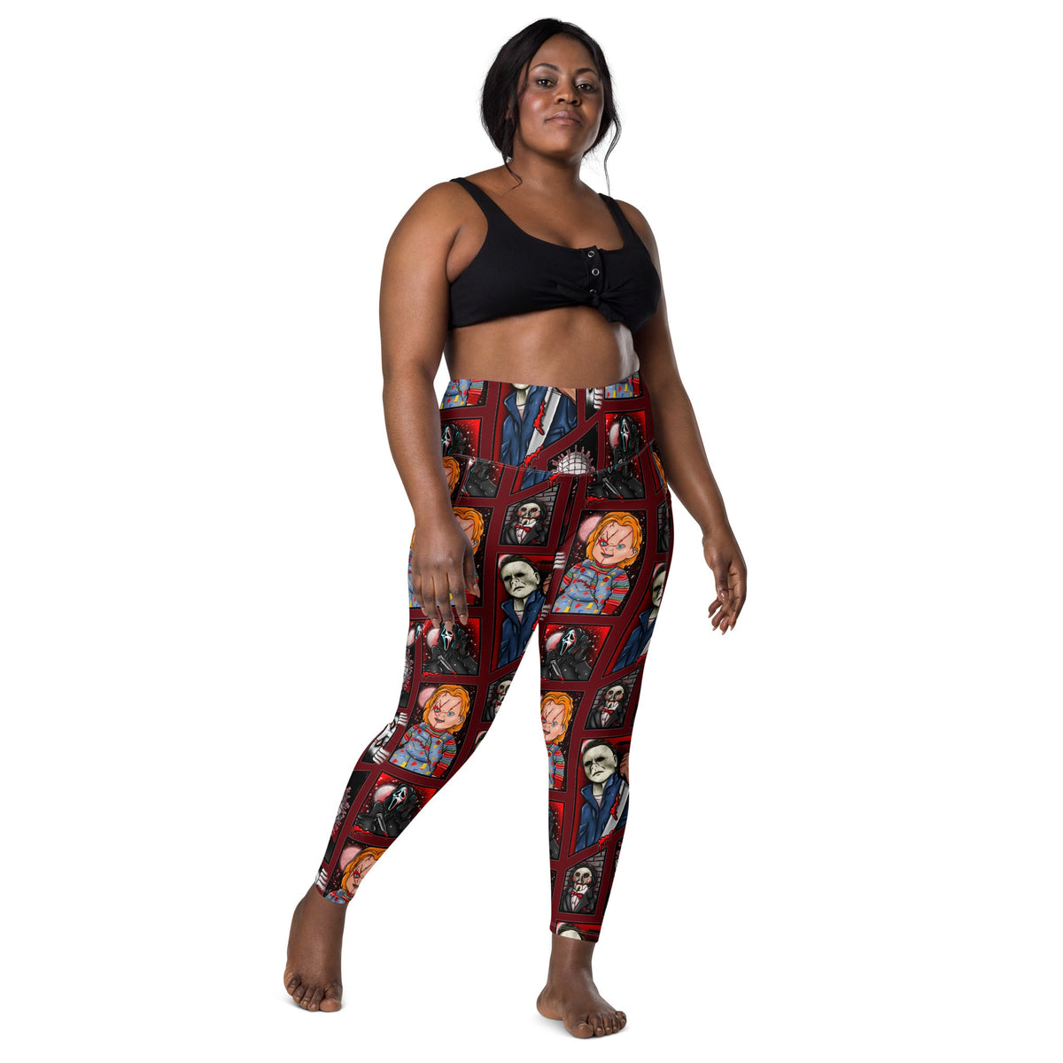 Recycled horror legends leggings with pockets, featuring all-over print in white, by Printful, showcasing comfortable, eco-friendly design.