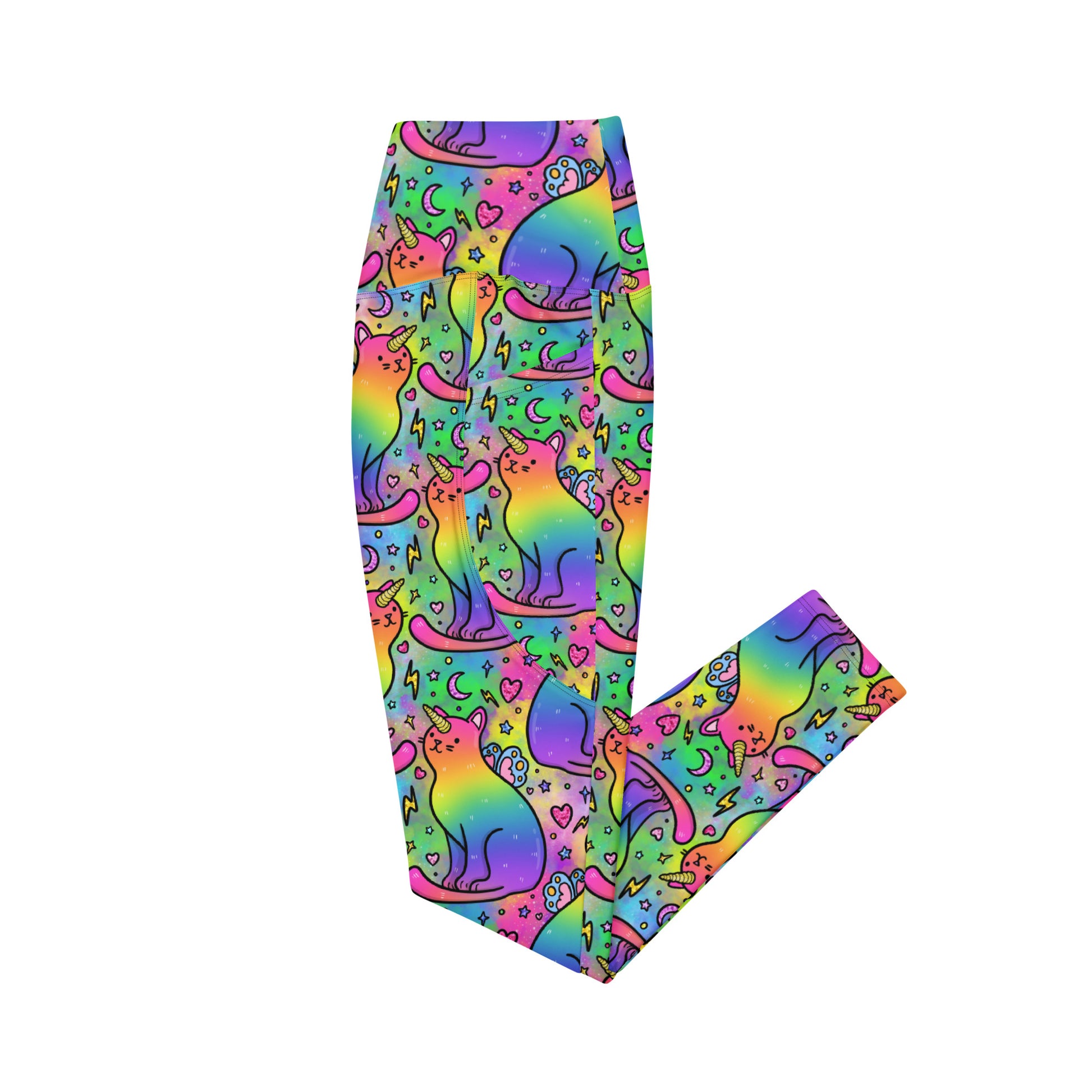 Recycled unicorn cats leggings with pockets by Designed By Debz, featuring a colorful all-over print on white fabric.