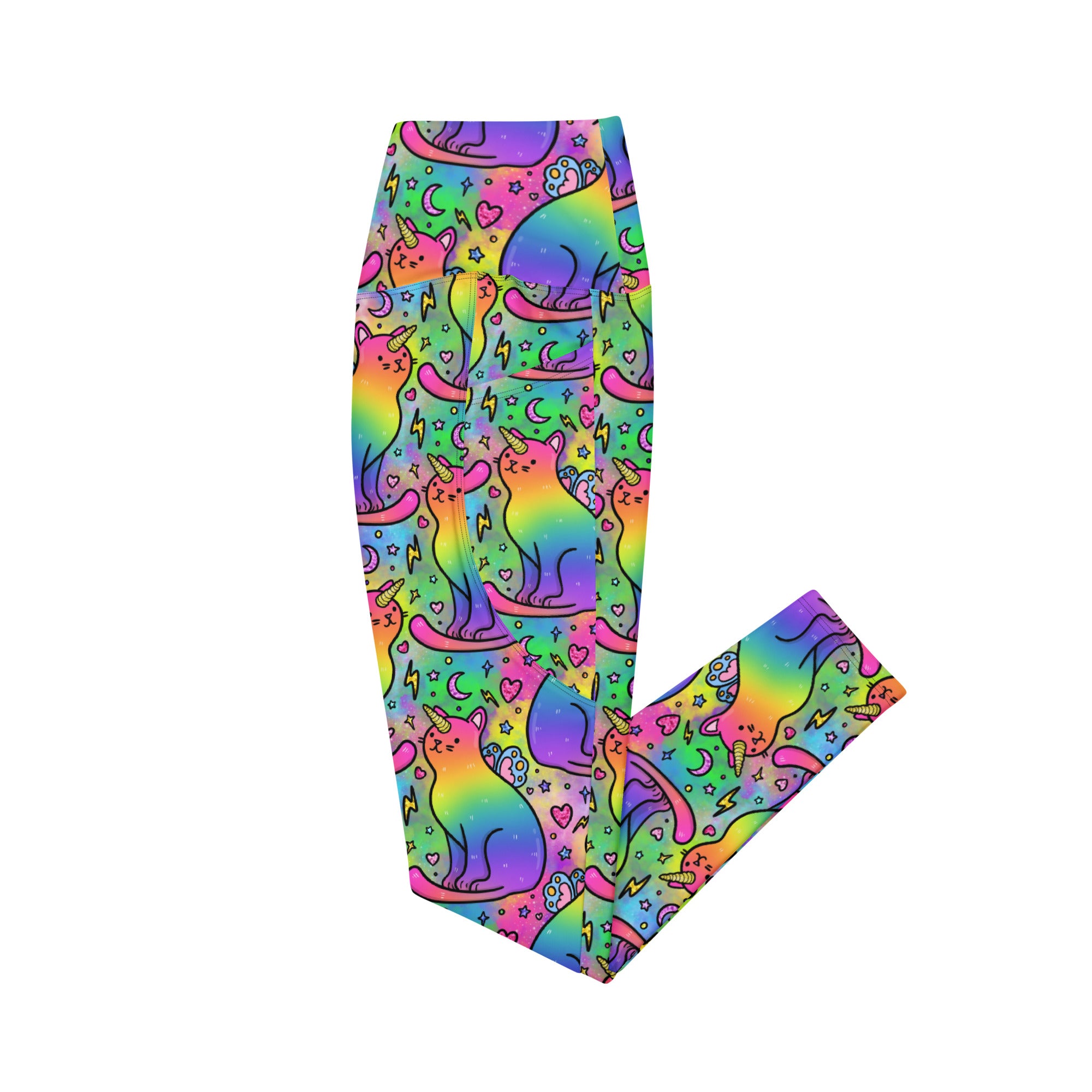 Recycled unicorn cats leggings with pockets by Designed By Debz, featuring a colorful all-over print on white fabric.