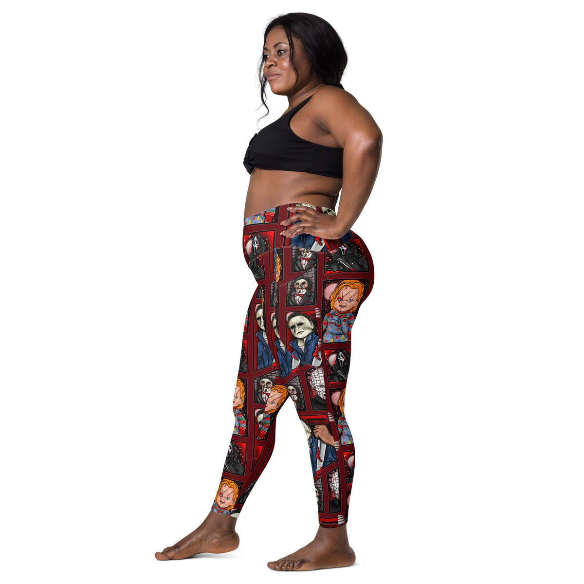 Recycled horror legends leggings with pockets featuring all-over print, designed by Printful, white background.