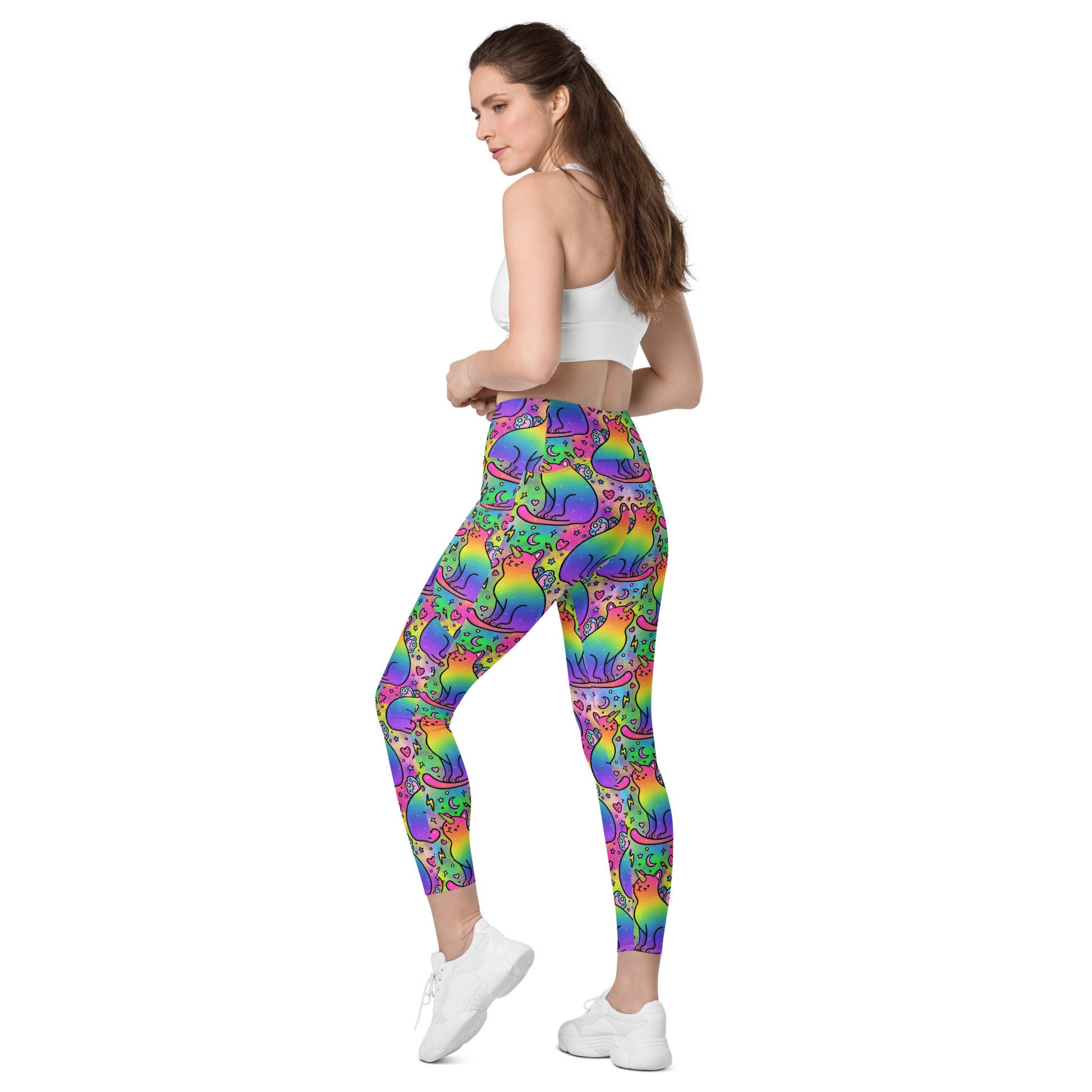 Recycled unicorn cats leggings with pockets by Designed By Debz, all-over print, white background, left-back view.