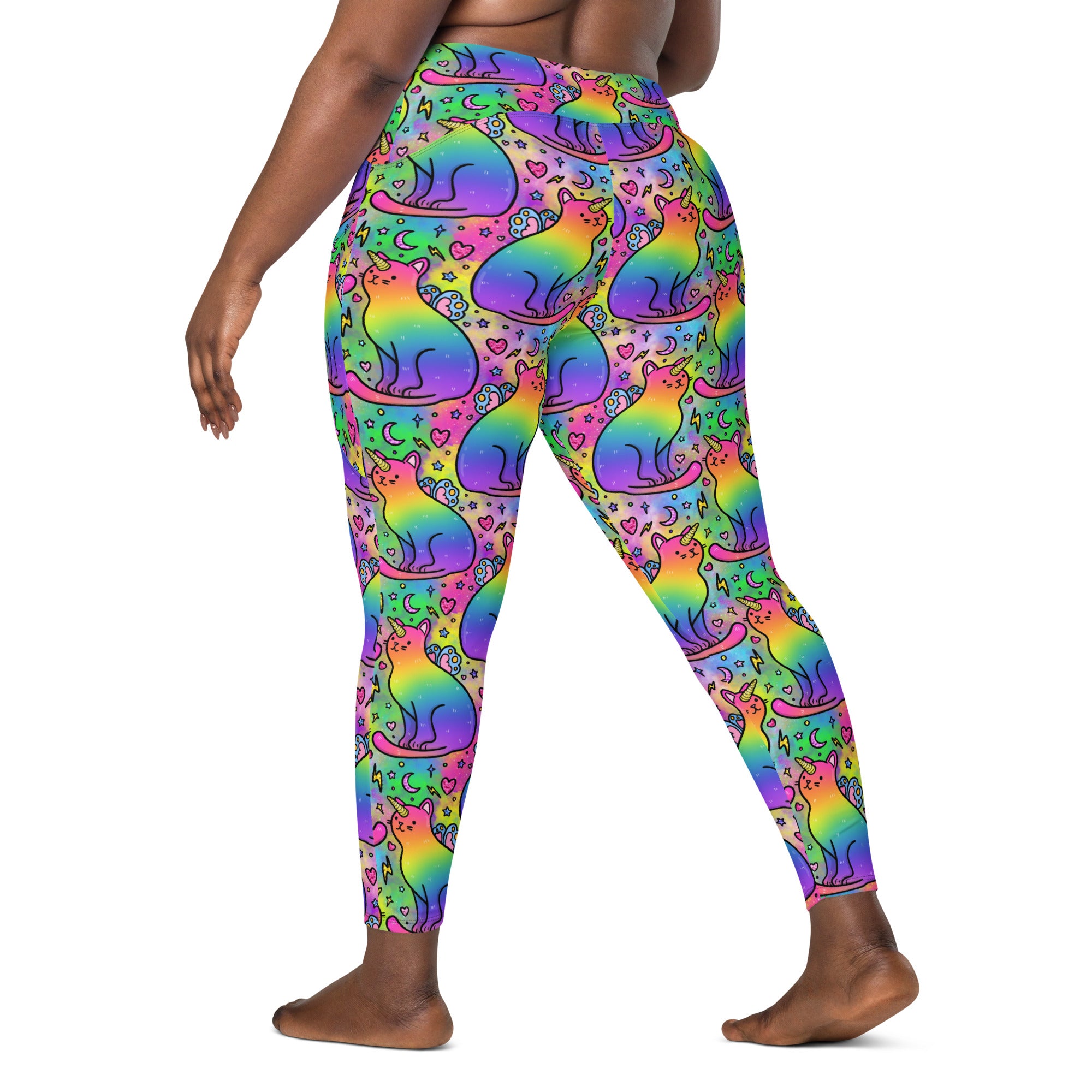 Recycled Unicorn Cats leggings with pockets, designed by Debz, featuring all-over colorful print on white background.