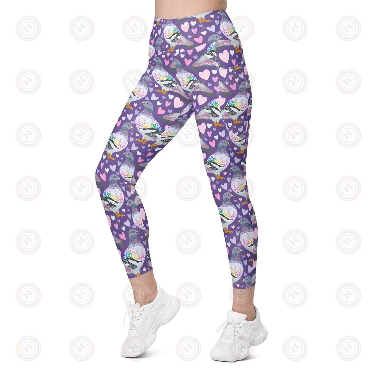 Printful recycled leggings with pigeon print featuring pockets, shown from the front on white background.