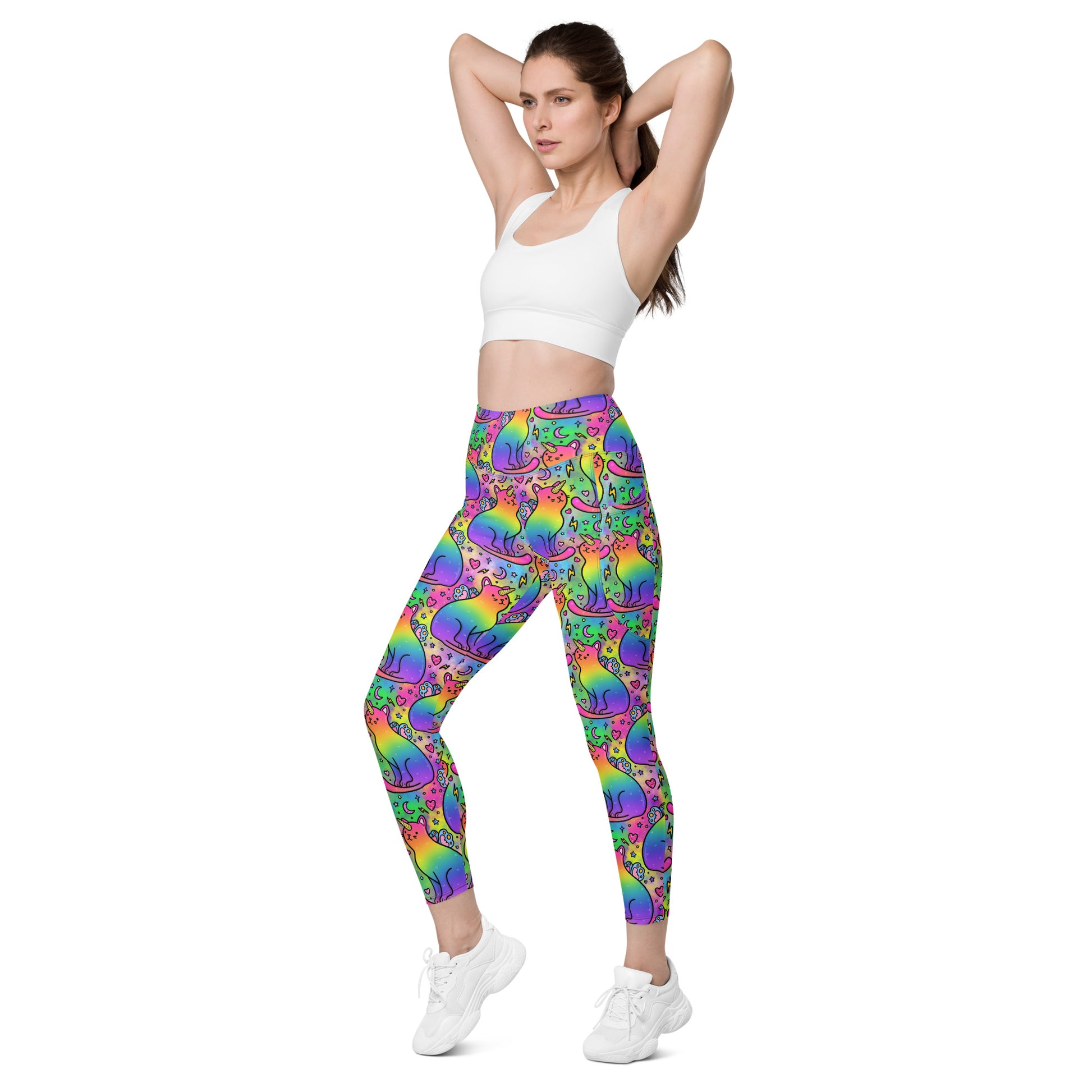 Unicorn Cats leggings with pockets by Designed By Debz, all-over-print recycled fabric, front view showing vibrant design.