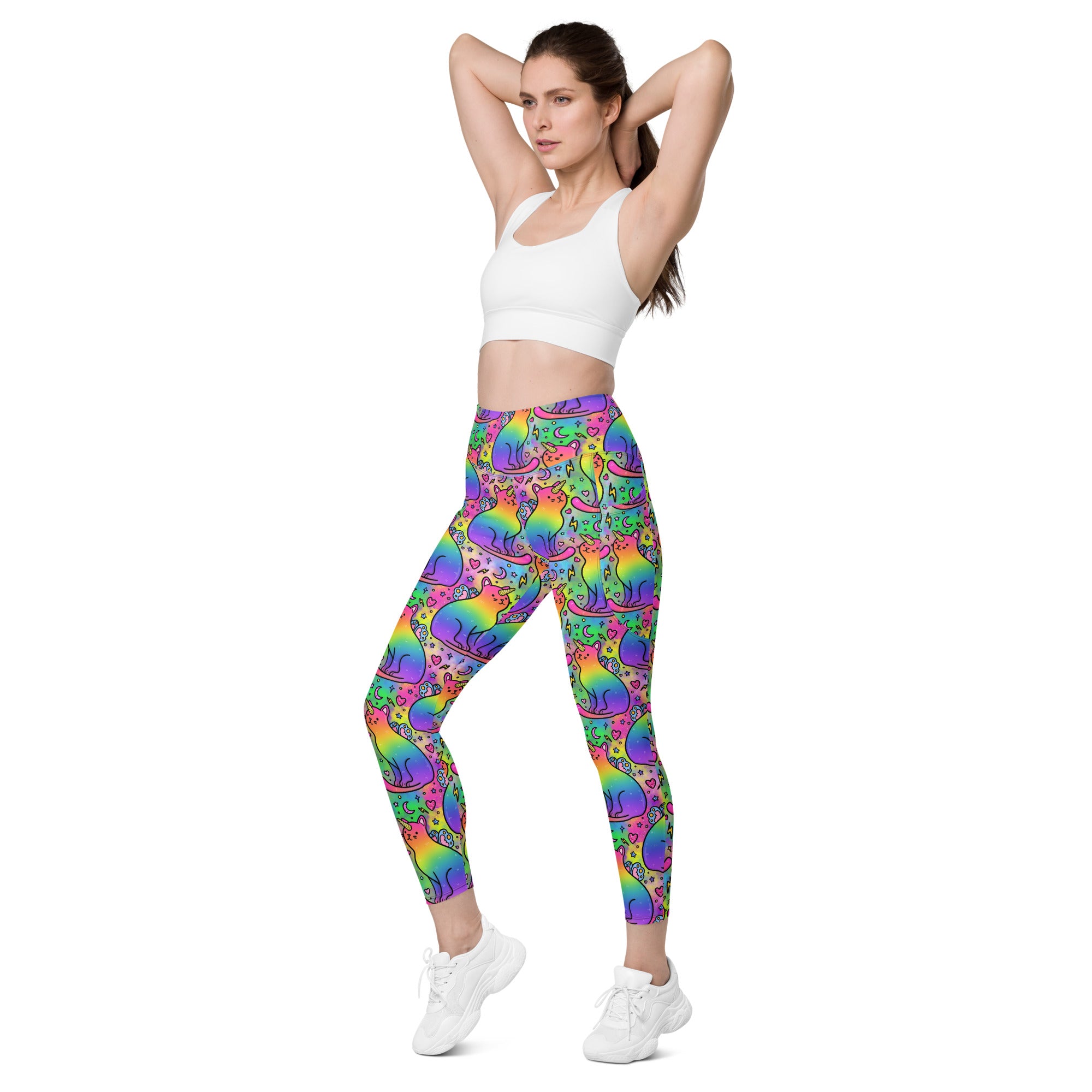Unicorn Cats leggings with pockets by Designed By Debz, all-over-print recycled fabric, front view showing vibrant design.