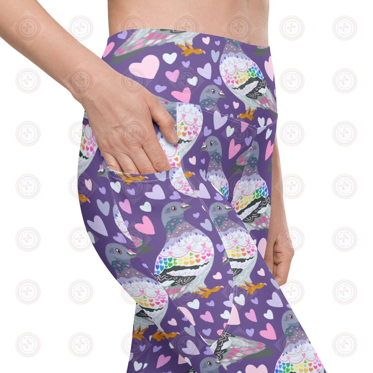 Recycled Leggings with all-over pigeon print from Printful, featuring pockets and a white background.