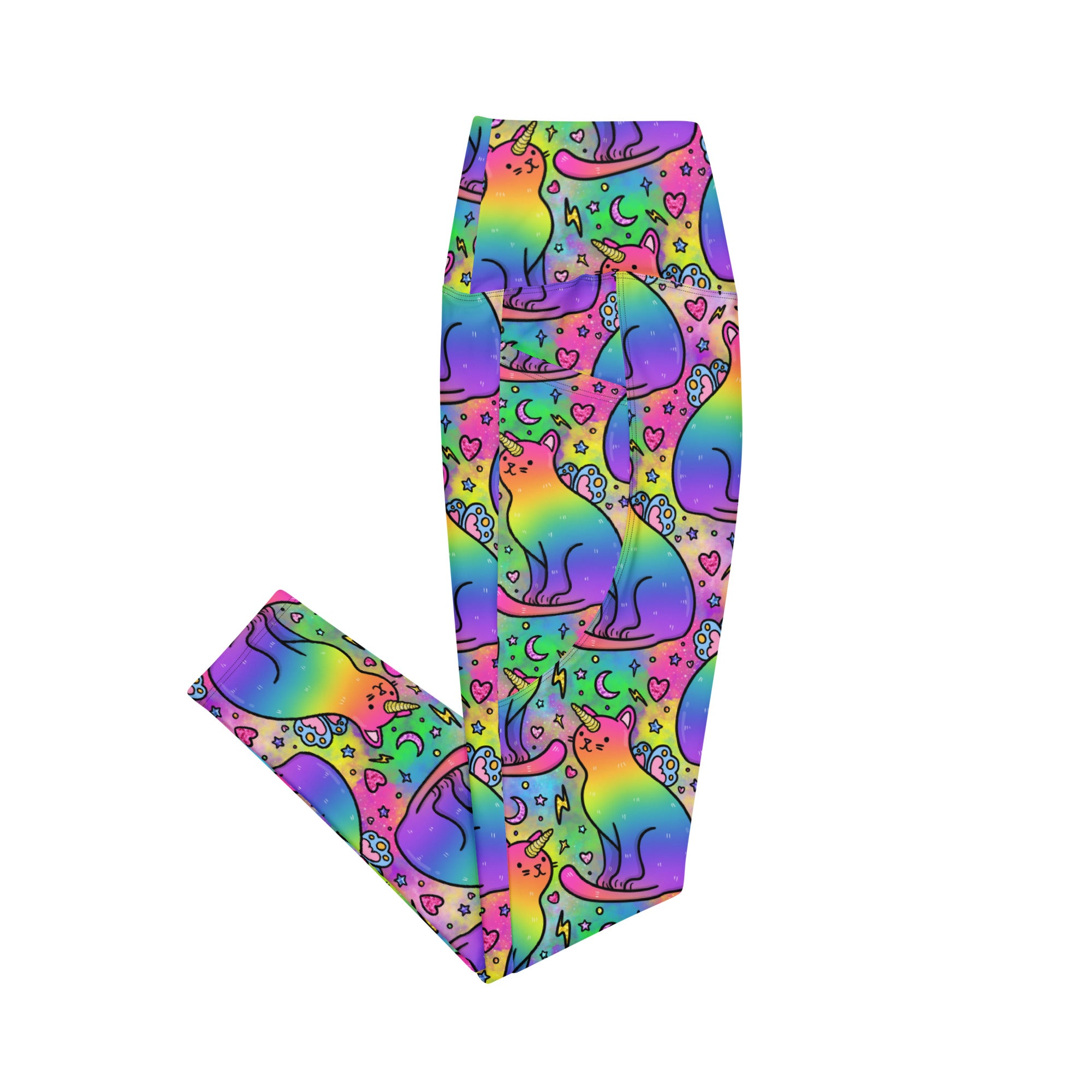 Designed By Debz unicorn cats printed recycled leggings with pockets, featuring colorful unicorn and cat motifs on white fabric.