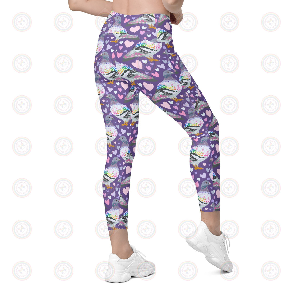 Printful recycled leggings with pigeon print, featuring a pocket on the right back, all-over white design, and eco-friendly fabric.