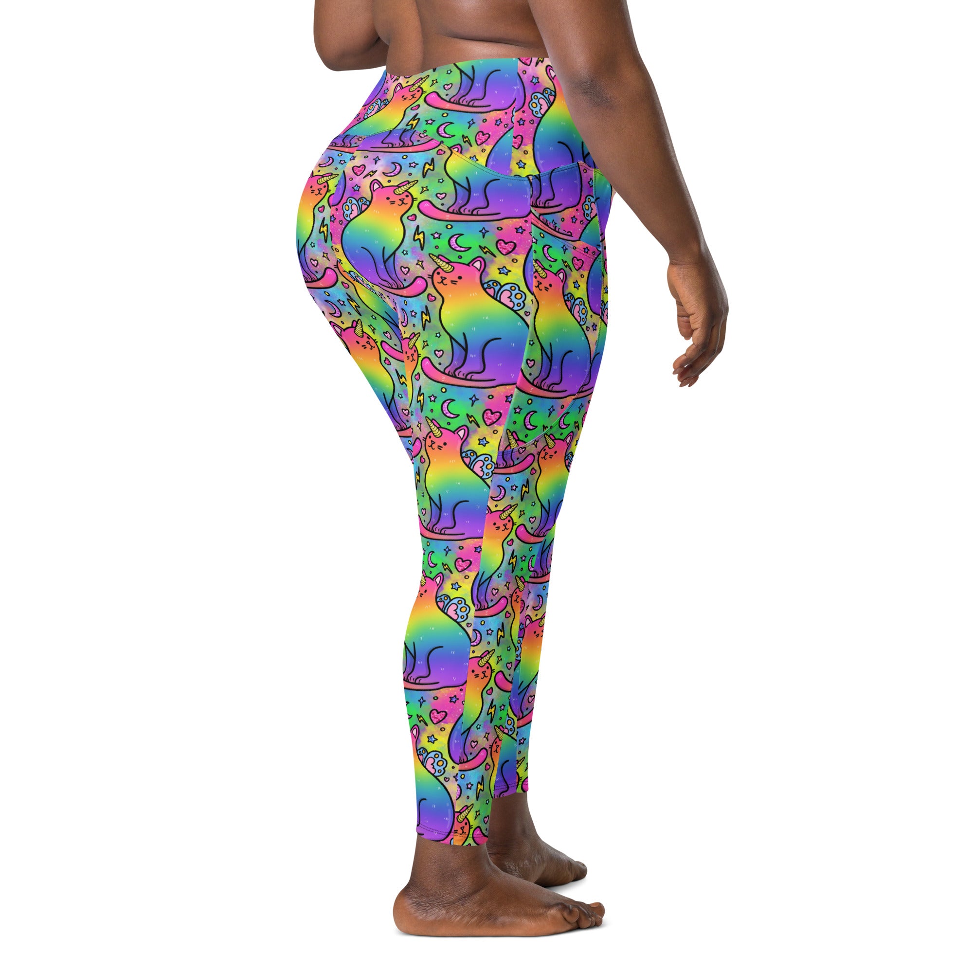 Recycled unicorn cats leggings with pockets, all-over print, white background, designed by Debz, made to order.