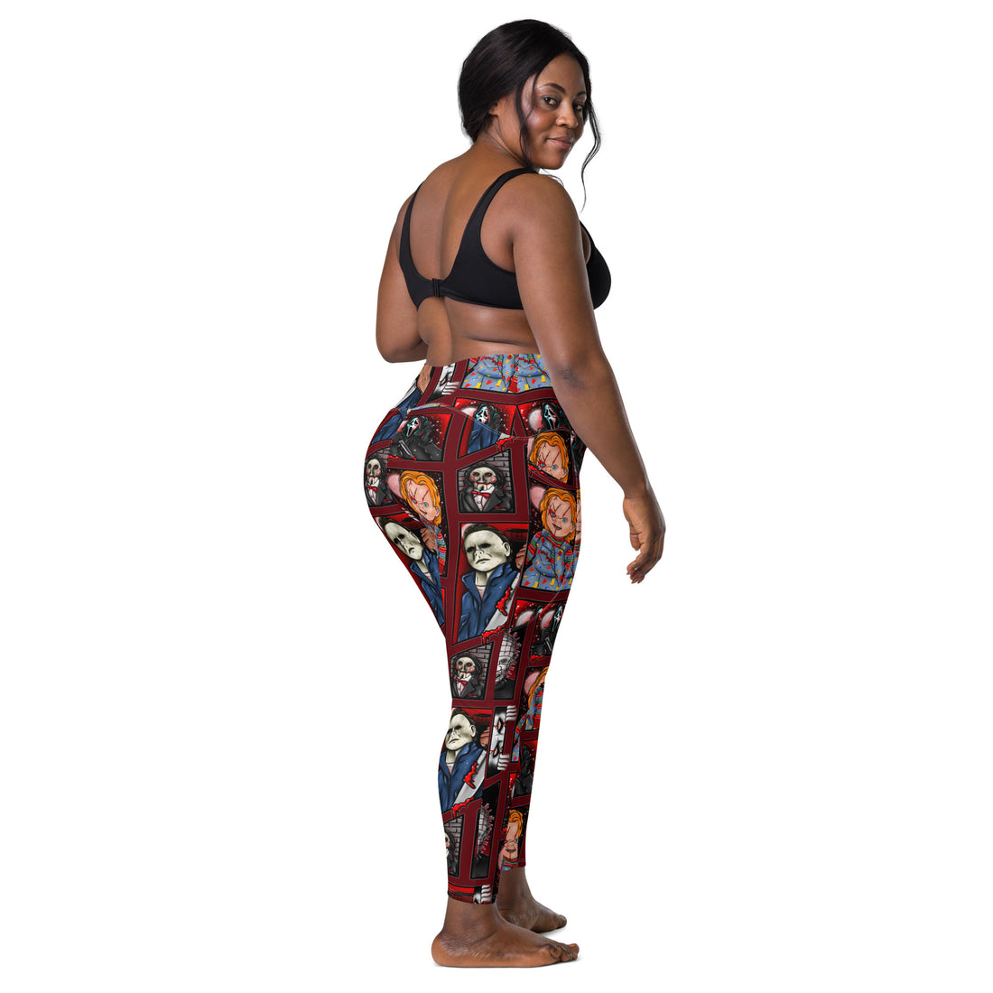 Recycled horror legends leggings with pockets, all-over white print, designed by Printful, shown from the right back angle.