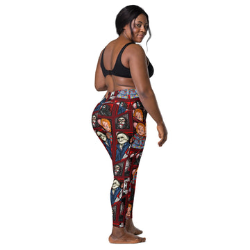 Recycled horror legends leggings with pockets, all-over white print, designed by Printful, shown from the right back angle.