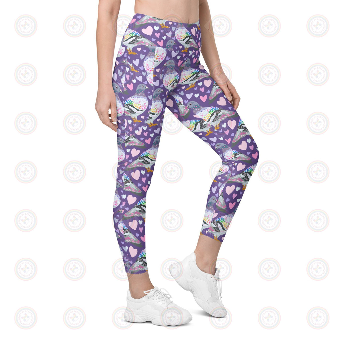 Recycled leggings with pigeon print by Printful featuring side pockets and all-over white pigeon design.