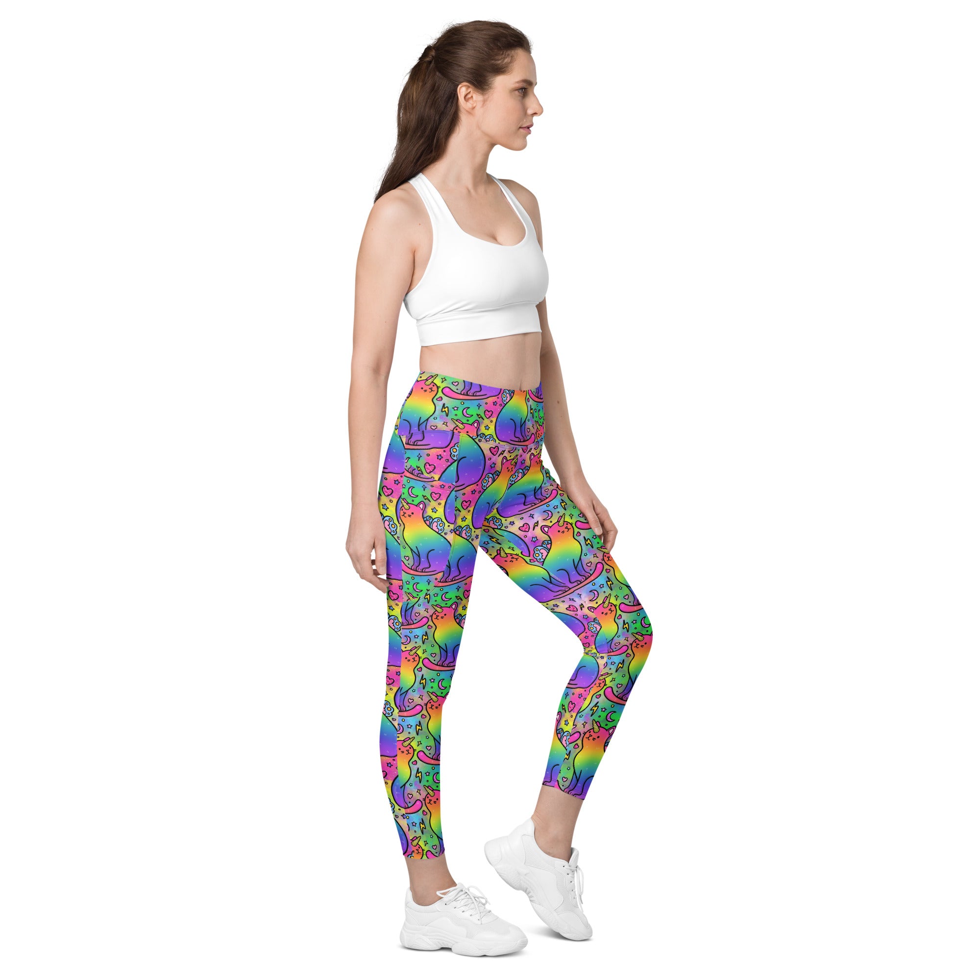 Unicorn Cats leggings by Designed By Debz with all-over print, pockets, made from recycled material, shown from the right front.