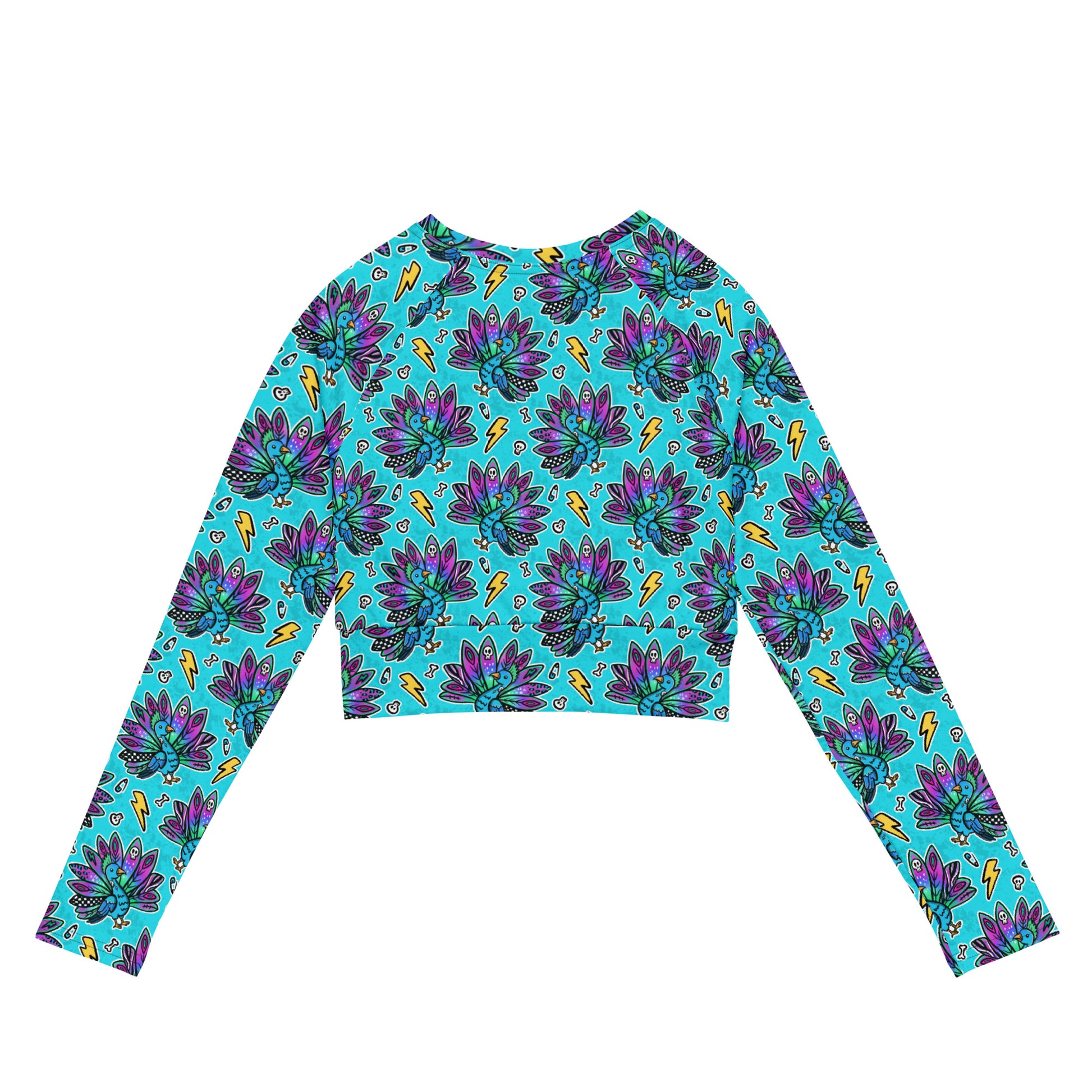 Electric peacock print rash guard crop top by Printful, long sleeve swimwear with UPF 50+ for sun protection, back view.