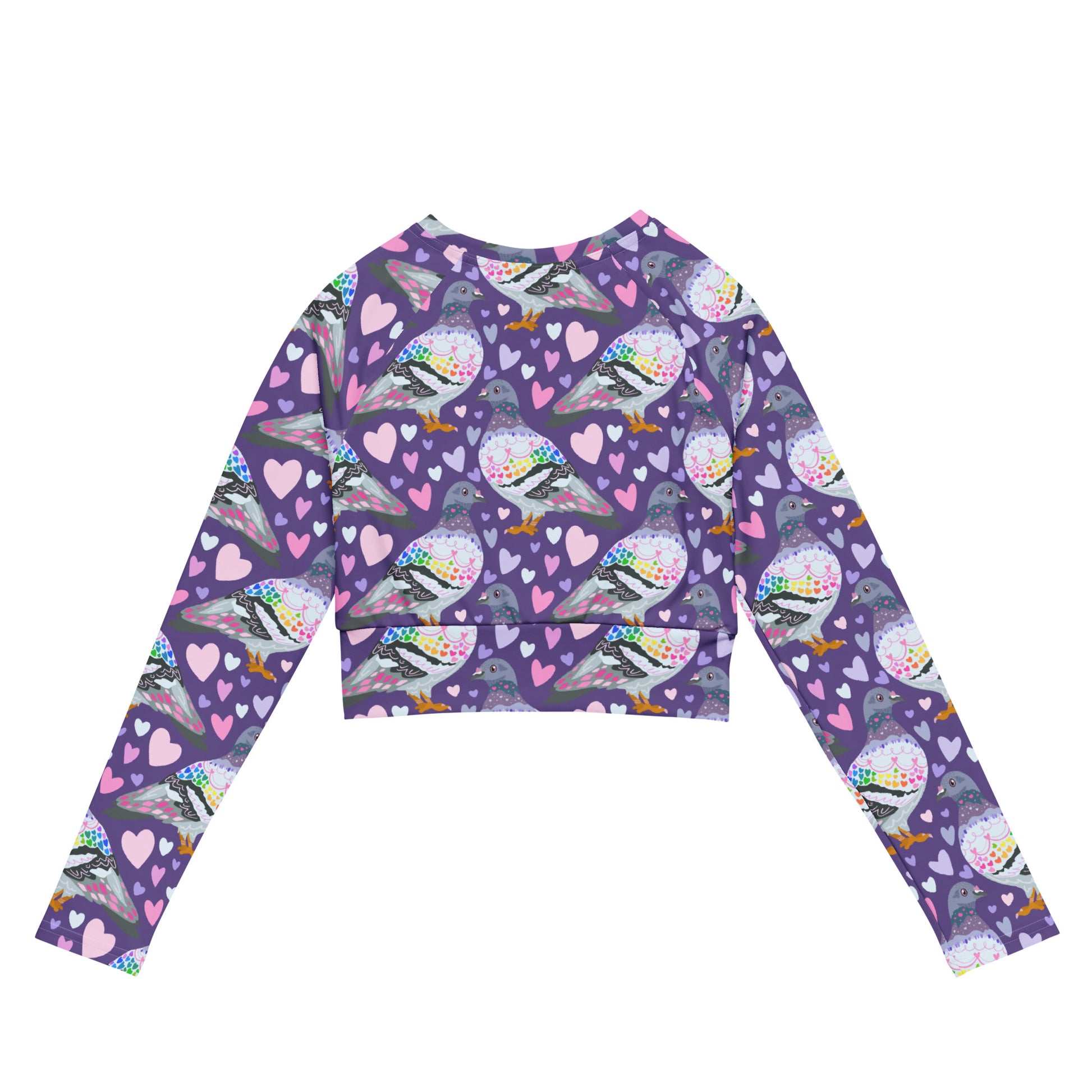 White long-sleeve rash guard crop top with pigeon love print, UPF 50+, made from recycled materials, designed for swimwear by Printful.