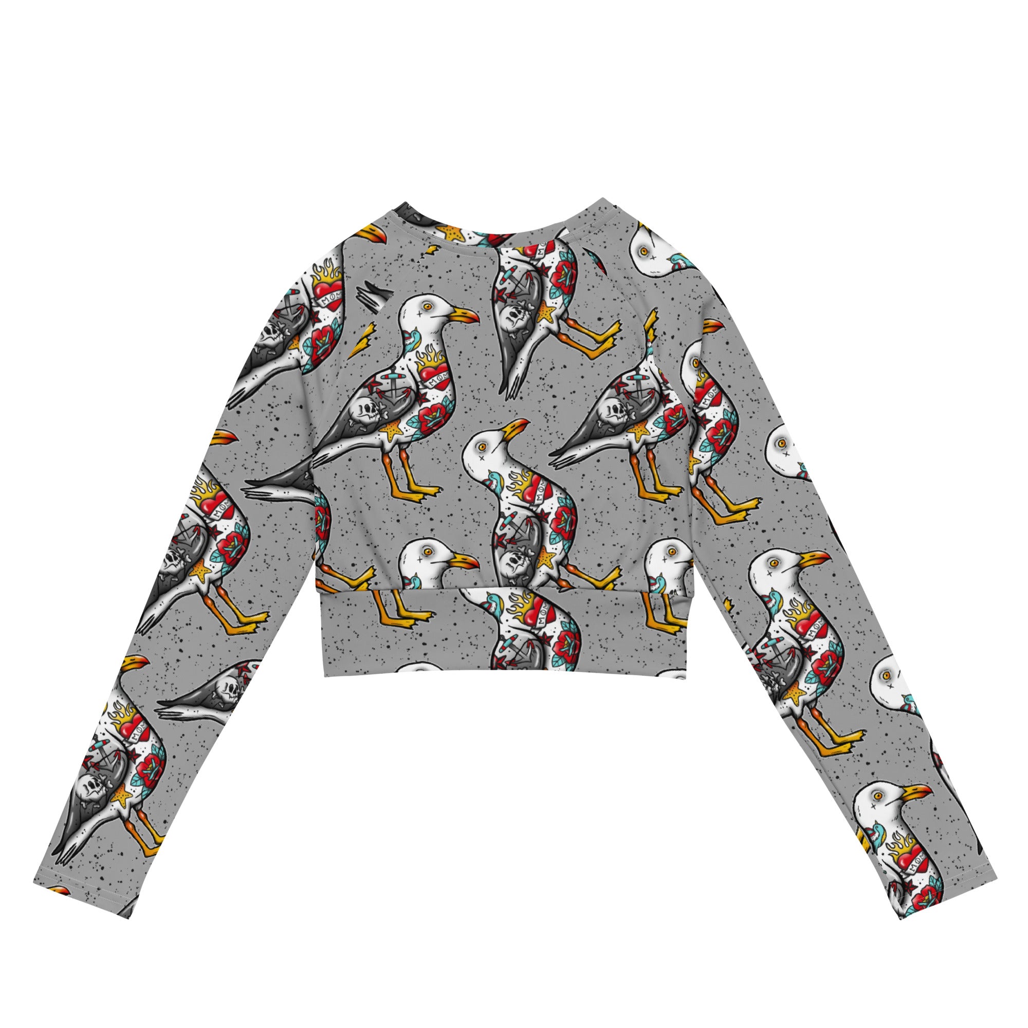 Grey Nautigul Seagull tattoo print recycled long-sleeve crop top by Printful, shown from the back with all-over seagull design.