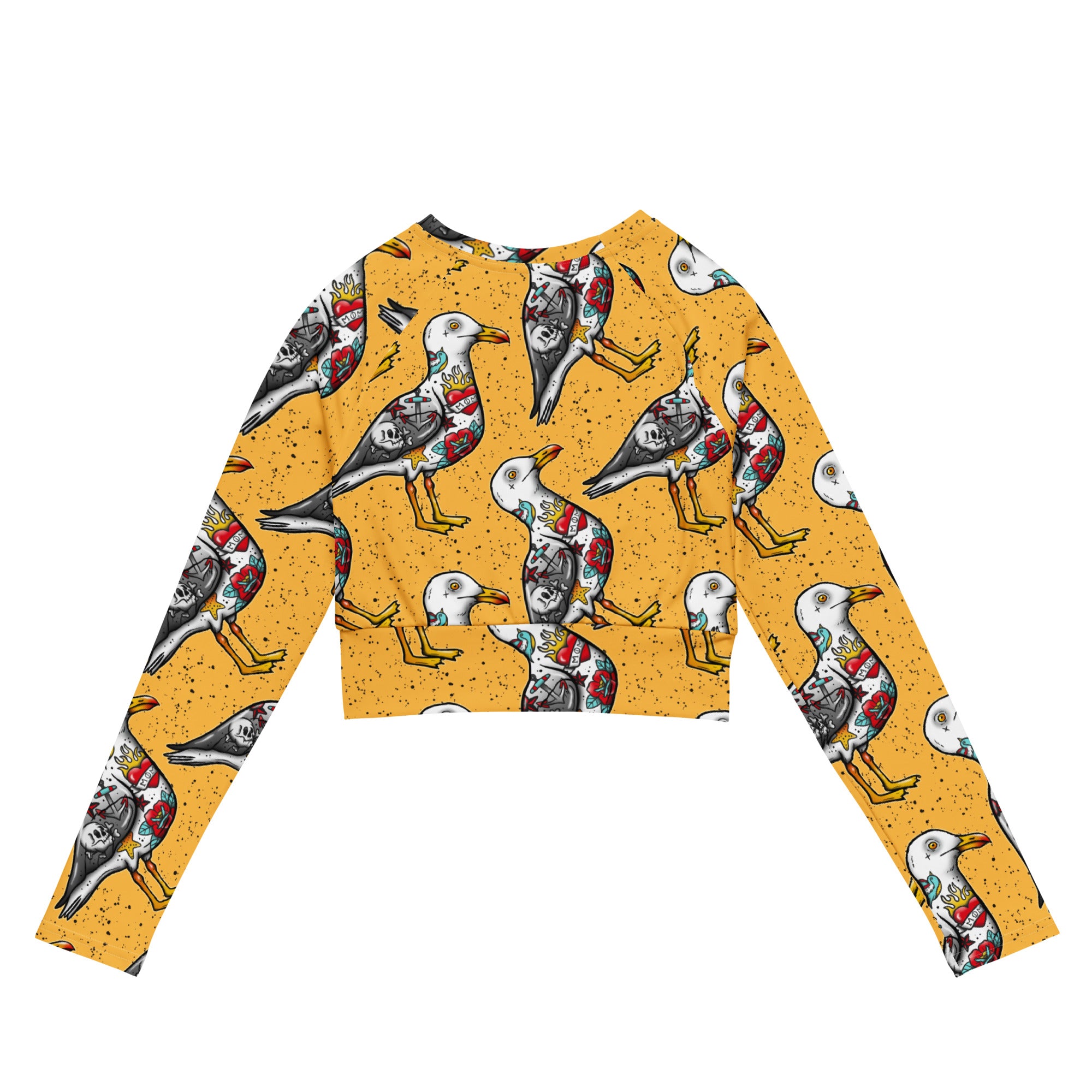 Yellow Nautigul Seagulls recycled long-sleeve crop top rash guard with all-over seagull print, back view, by Printful