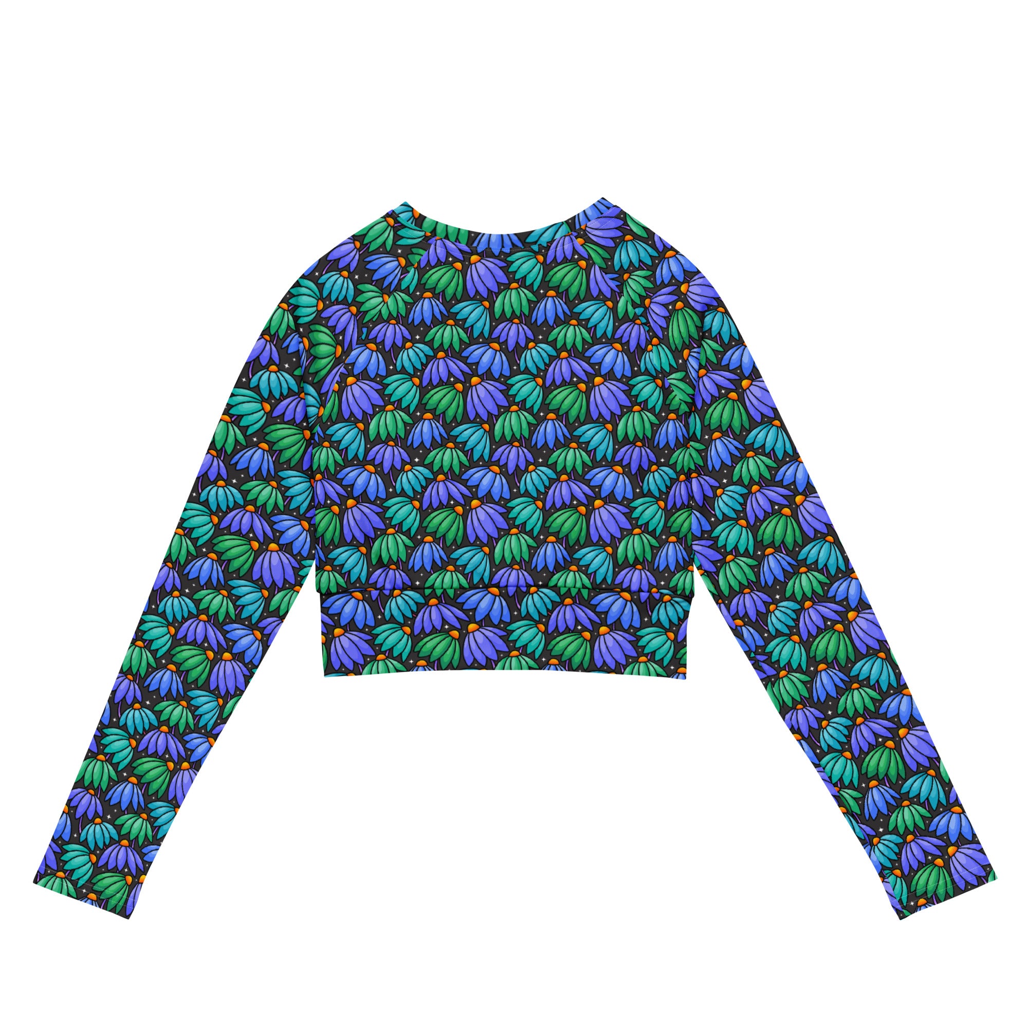 Printful floppy flowers recycled long-sleeve crop top rash guard with all-over floral print on white background