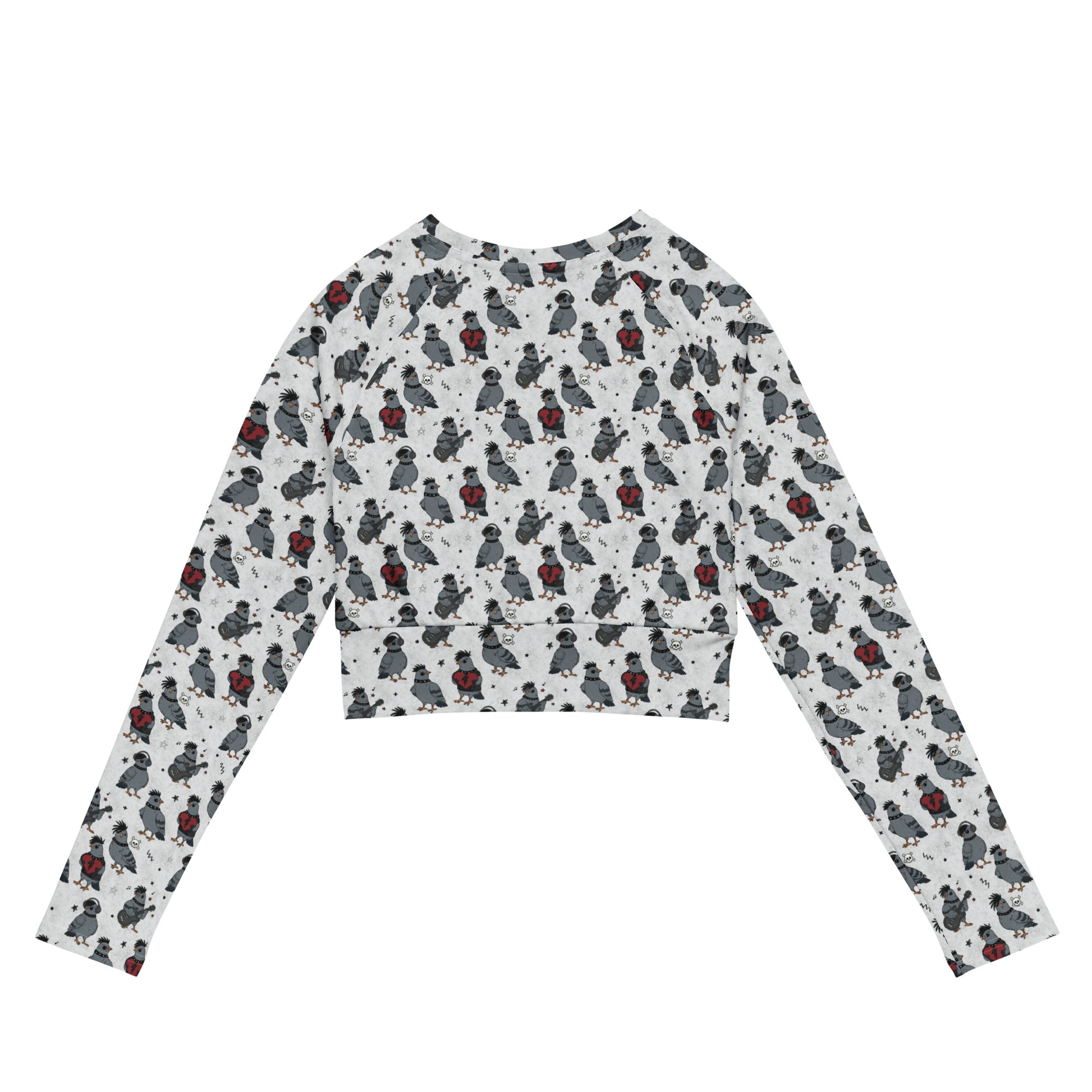 White recycled long-sleeve crop top rash guard featuring colorful emo pigeon print from Printful, all-over design.