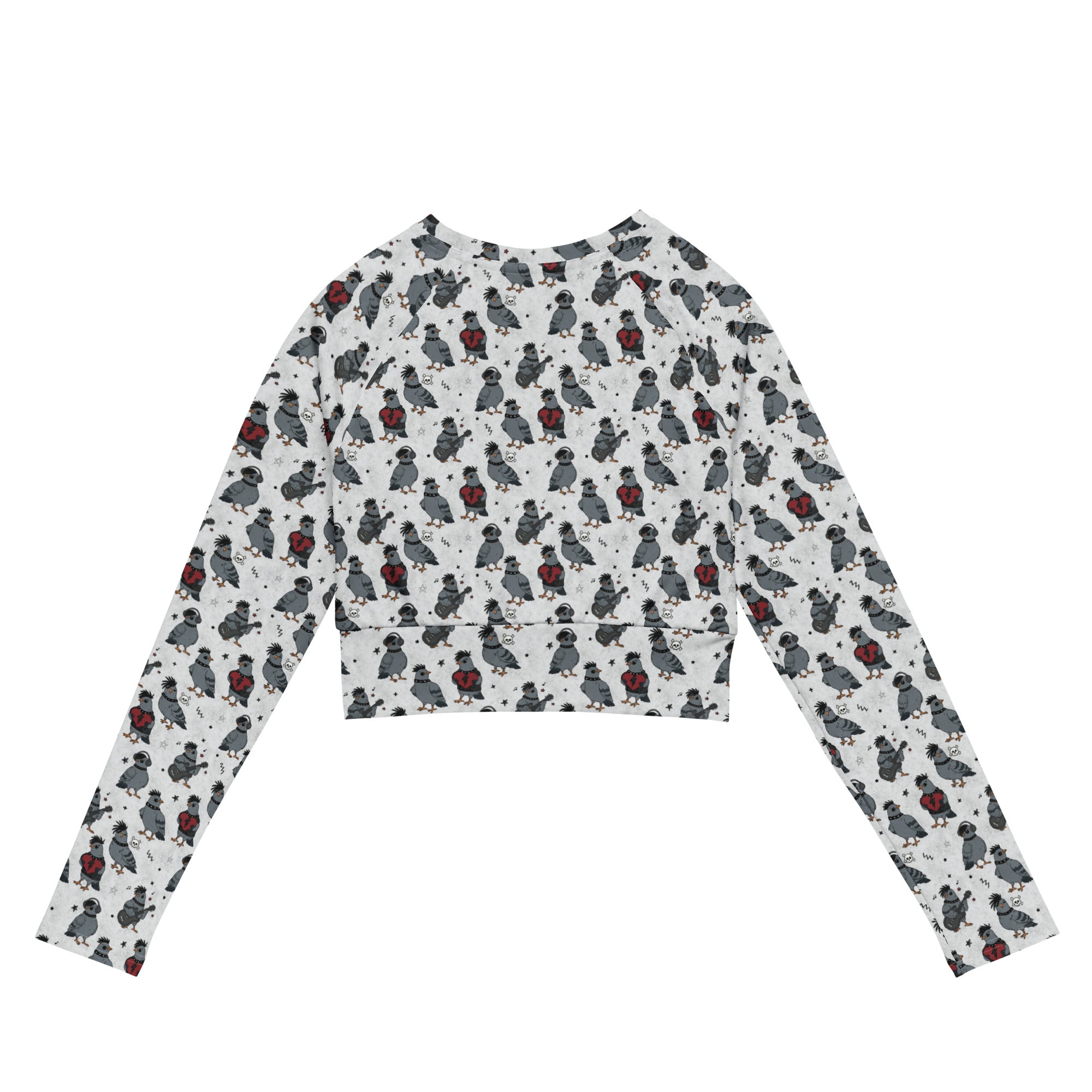 White recycled long-sleeve crop top rash guard featuring colorful emo pigeon print from Printful, all-over design.
