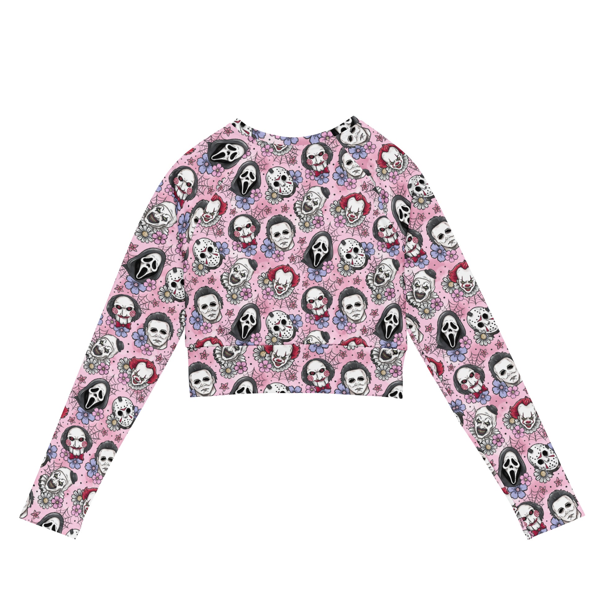 Pink Horror Characters recycled long-sleeve crop top rash guard with all-over print, featuring vibrant horror-themed design on white background.