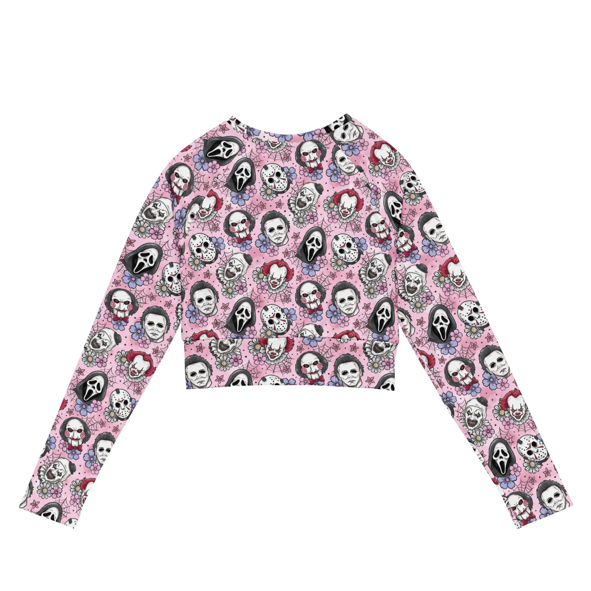 Pink Horror Characters recycled long-sleeve crop top rash guard with all-over print, featuring vibrant horror-themed design on white background.