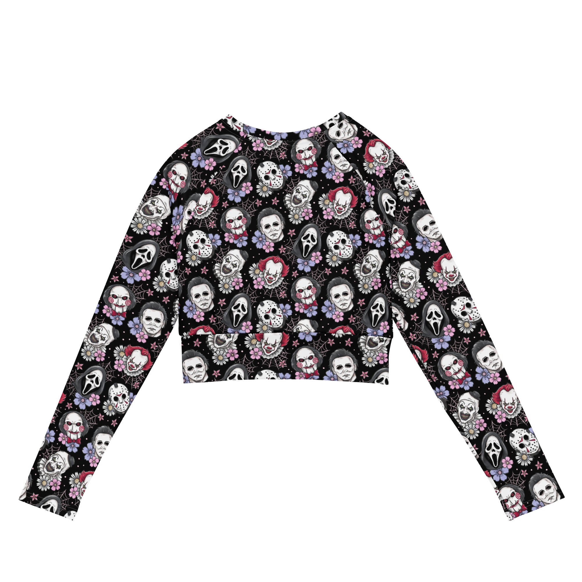 Black horror characters recycled long-sleeve crop top rash guard with all-over print, featuring spooky designs on a white background.