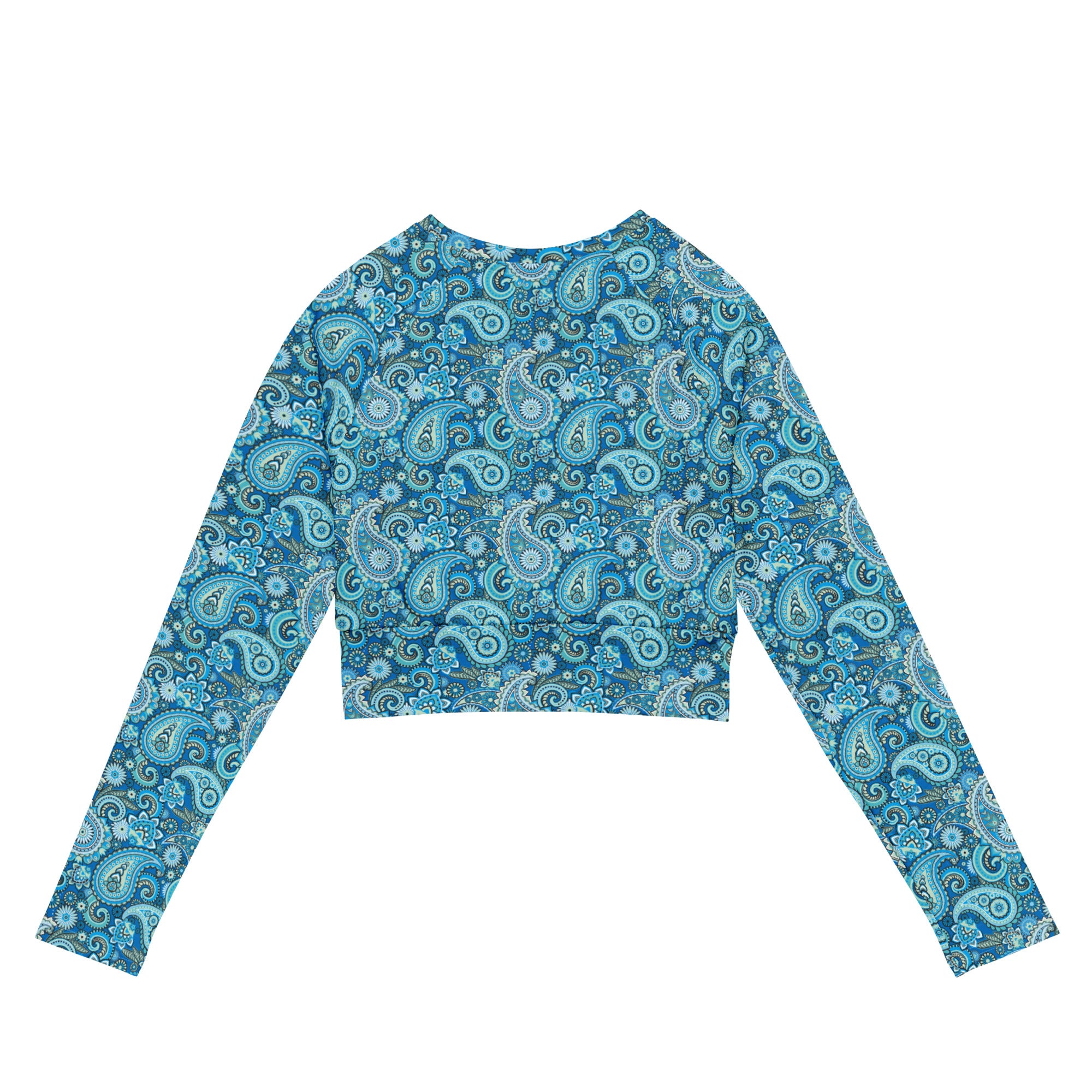 Blue paisley recycled long-sleeve crop top rash guard with all-over print, shown from the back.