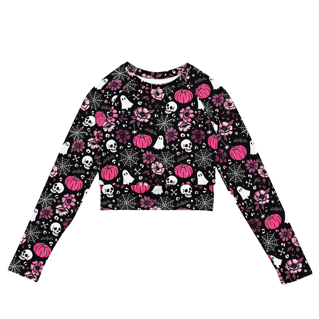 Printful pink Halloween-themed long sleeve swim crop top with all-over print, UPF 50+ protection, and recycled fabric.