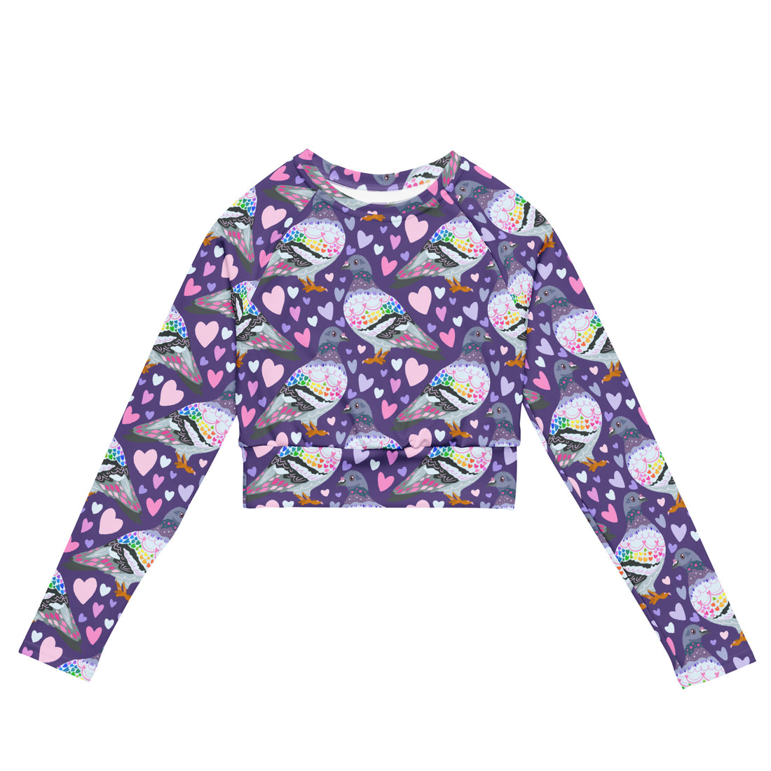 White rash guard crop top with pigeon love print, long sleeves, UPF 50+ protection, made by Printful in Latvia.