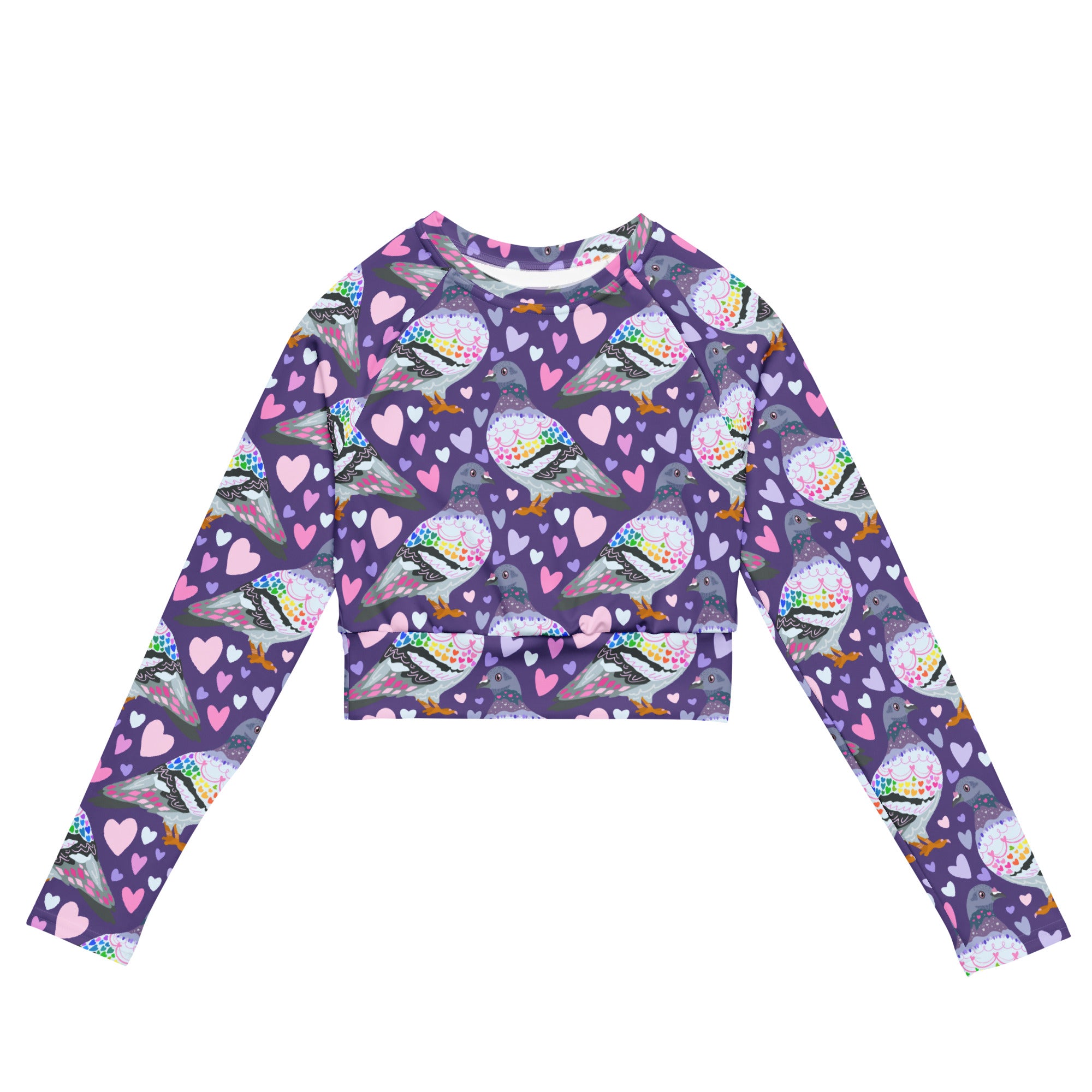 White rash guard crop top with pigeon love print, long sleeves, UPF 50+, made from recycled materials, by Printful.