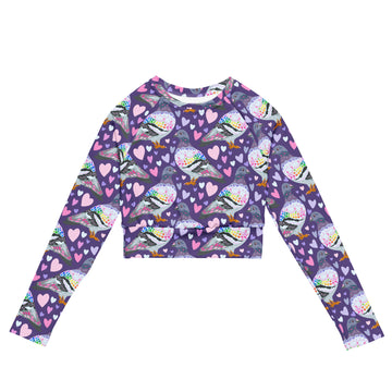 White rash guard crop top with pigeon love print, long sleeves, UPF 50+, made from recycled materials, by Printful.