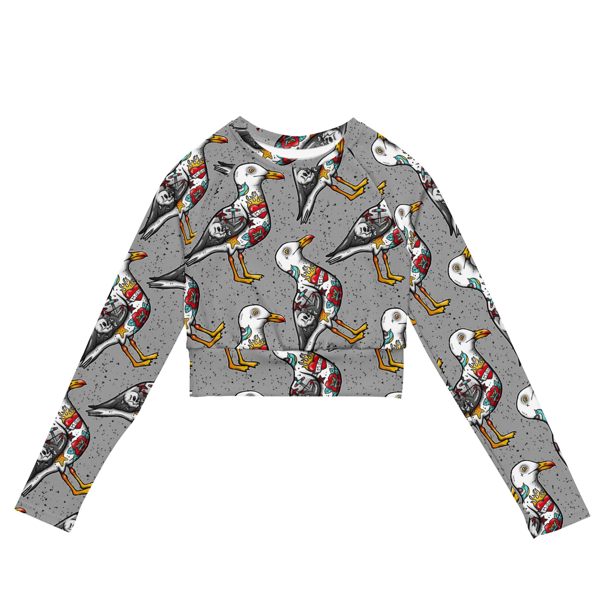 Grey Nautigul Seagull tattoo print recycled long-sleeve crop top from Printful, featuring all-over seagull tattoo design on white fabric.