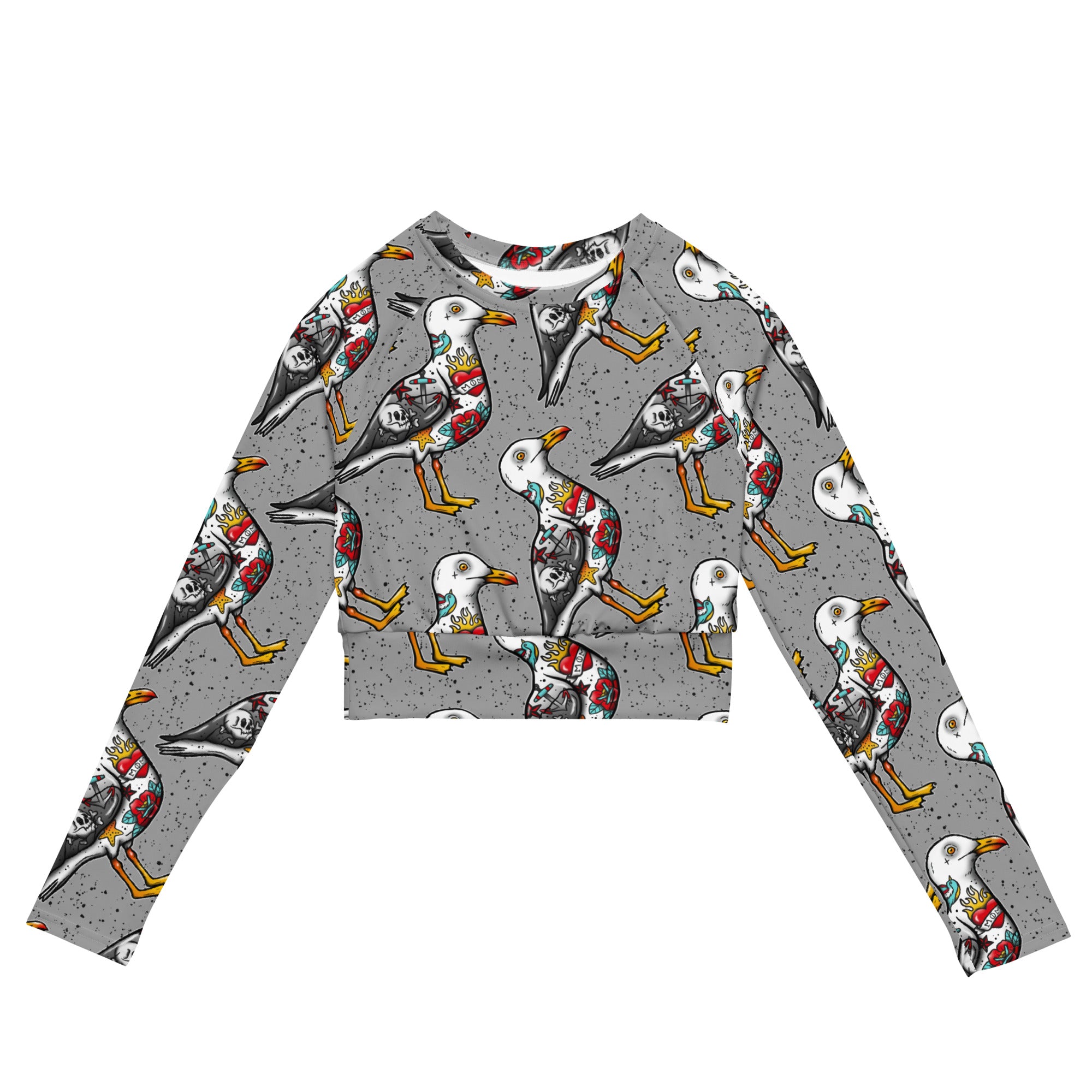 Grey Nautigul Seagull tattoo print recycled long-sleeve crop top from Printful, featuring all-over seagull tattoo design on white fabric.