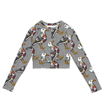 Grey Nautigul Seagull tattoo print recycled long-sleeve crop top from Printful, featuring all-over seagull tattoo design on white fabric.