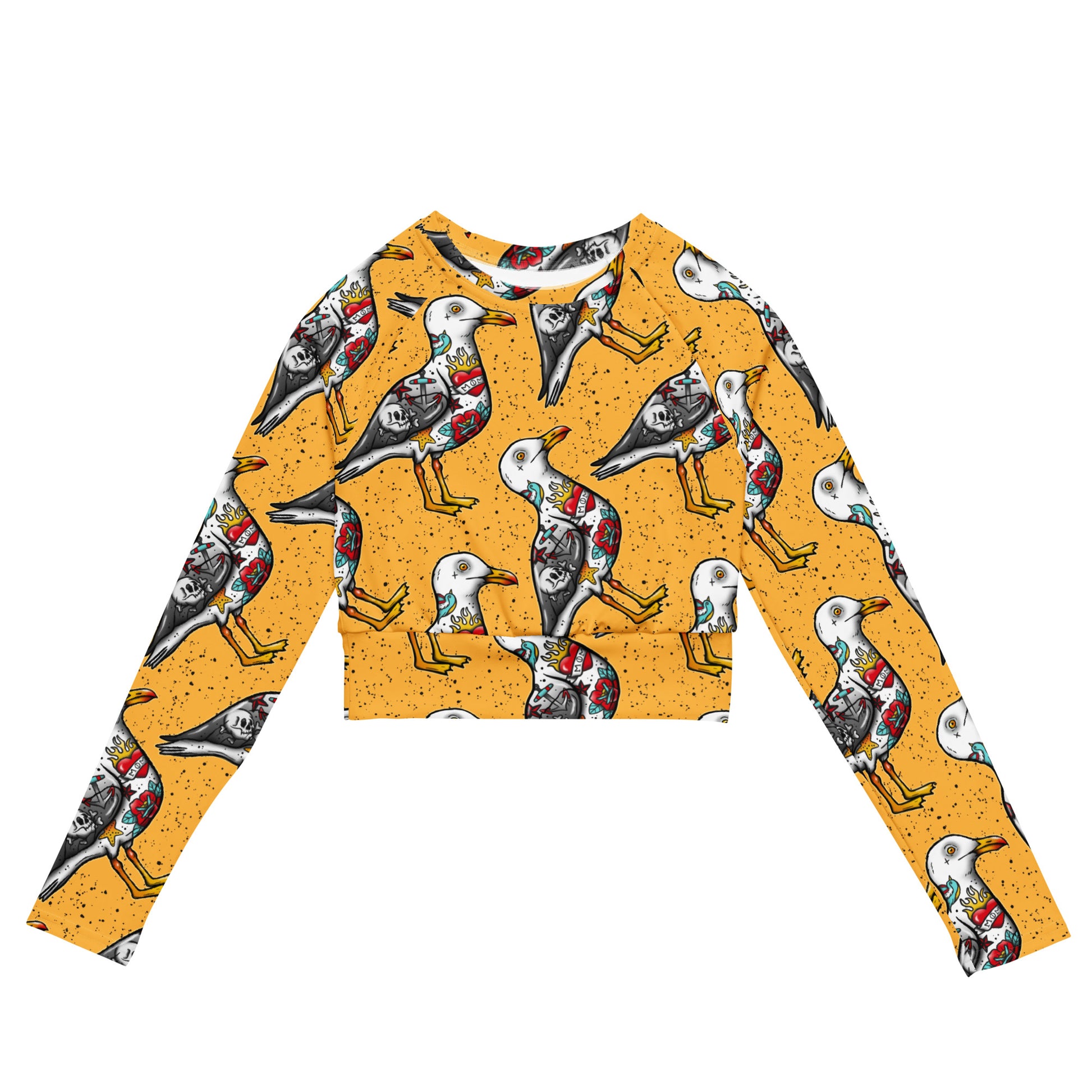 Yellow Nautigul Seagulls recycled long-sleeve crop top rash guard with all-over seagull print, designed for sun protection and eco-friendly fashion.