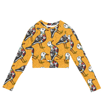 Yellow Nautigul Seagulls recycled long-sleeve crop top rash guard with all-over seagull print, designed for sun protection and eco-friendly fashion.