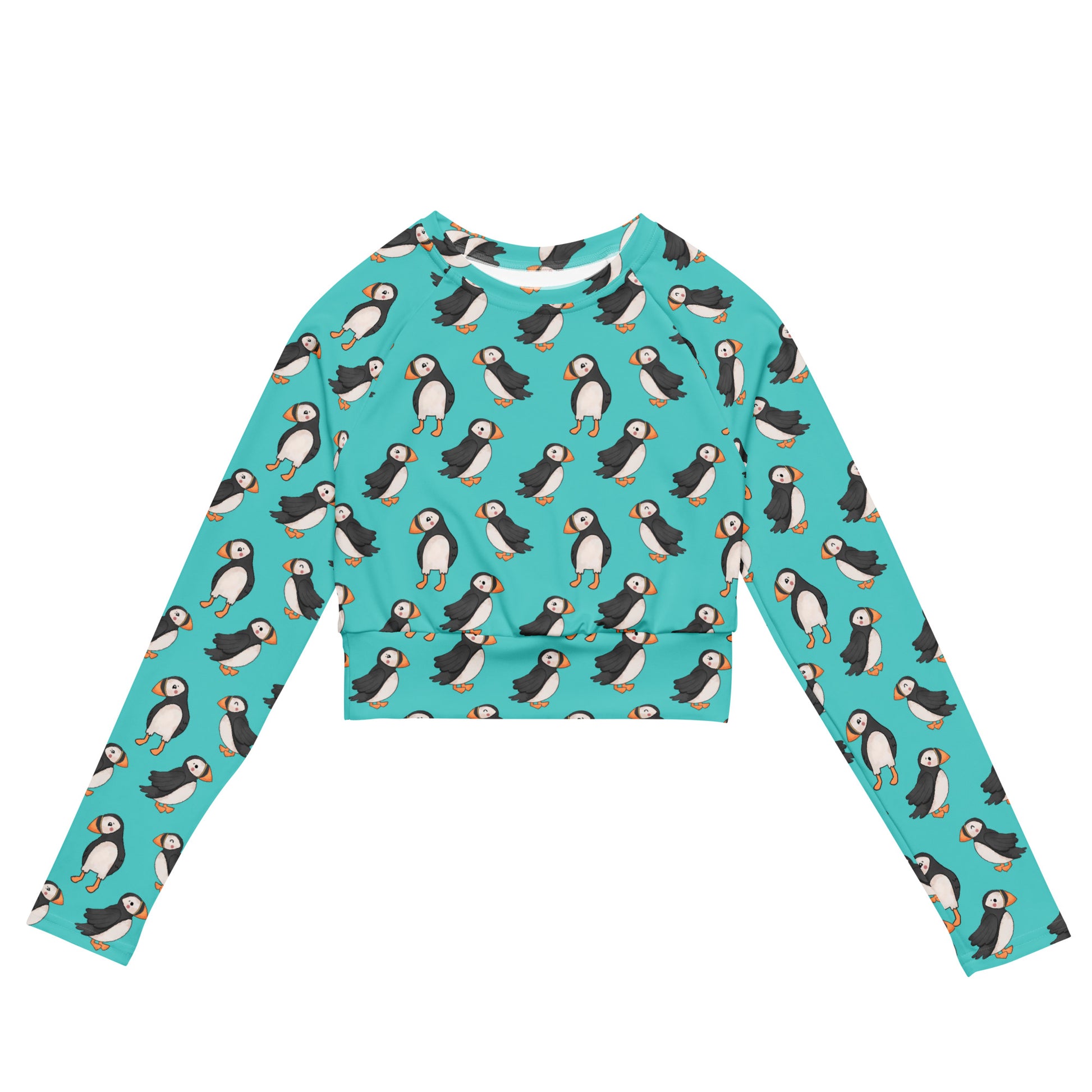 White Puffin Recycled Long-Sleeve Crop Top Rash Guard with all-over print, designed by Printful for eco-friendly style.