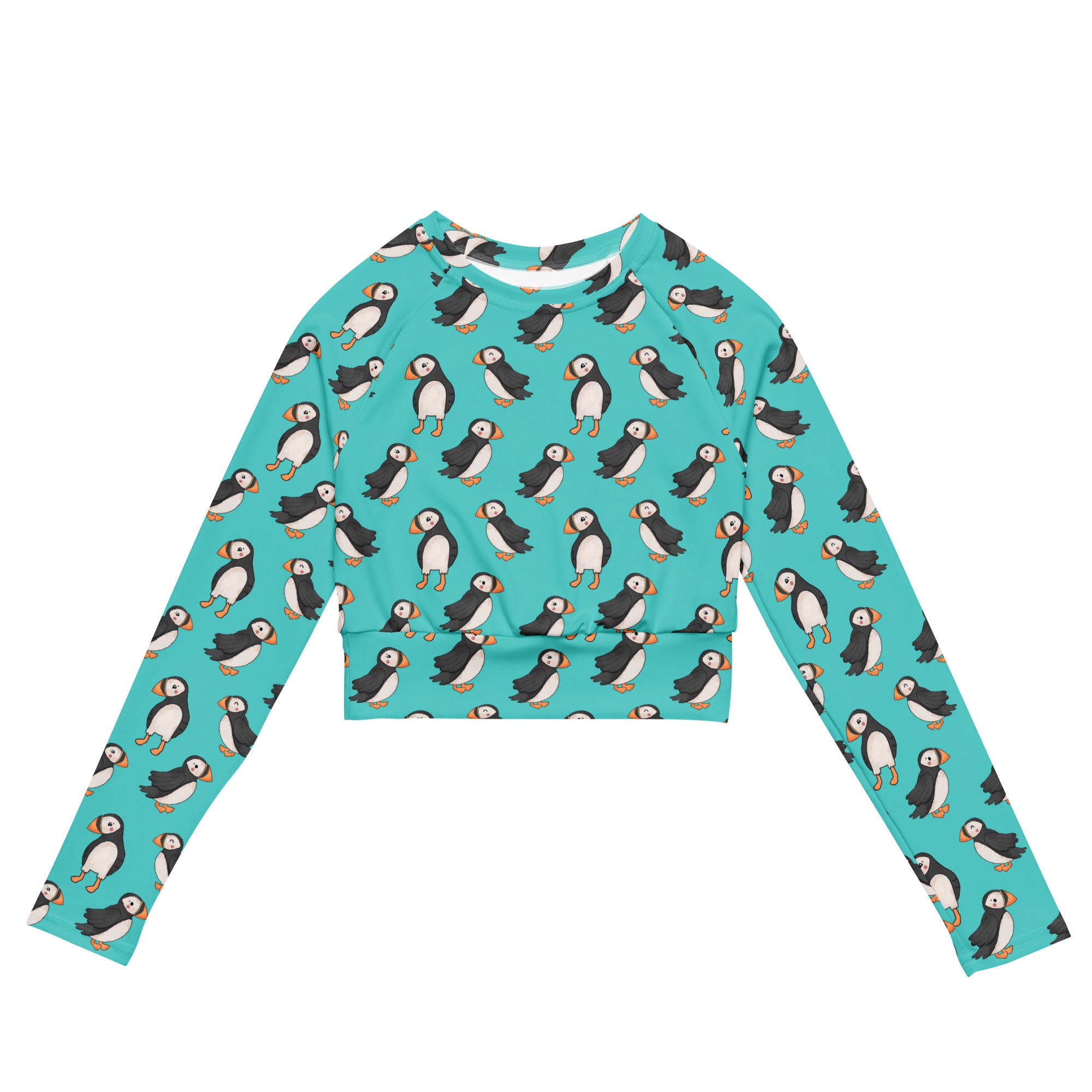 White Puffin Recycled Long-Sleeve Crop Top Rash Guard with all-over print, designed by Printful for eco-friendly style.