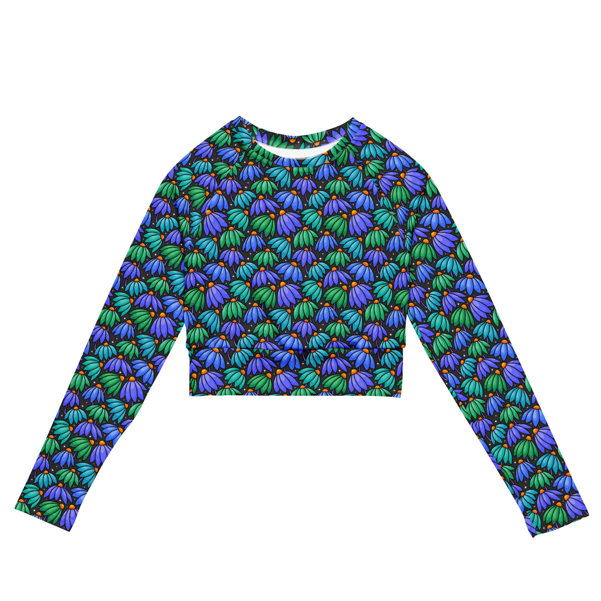 Printful recycled long-sleeve crop top rash guard with floral all-over print, white background, front view.