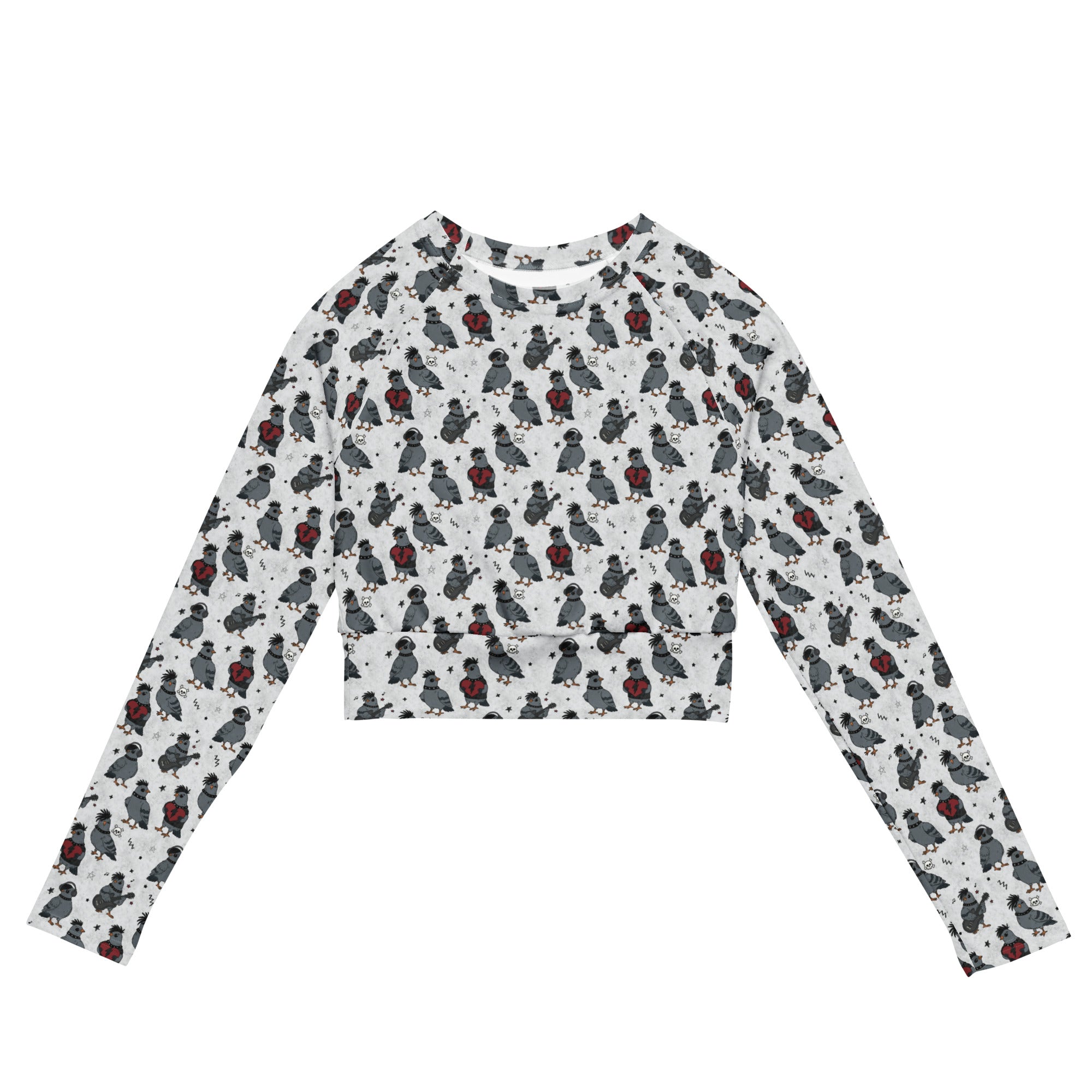 Printful Emo Pigeons recycled long-sleeve crop top with all-over white print, designed as a stylish rash guard for active wear.