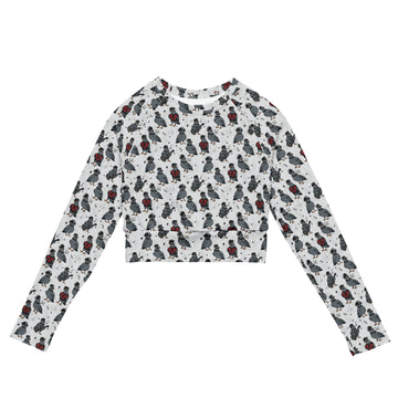 Printful Emo Pigeons recycled long-sleeve crop top with all-over white print, designed as a stylish rash guard for active wear.